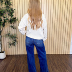 Sequoia Textured Raw Edge Sweater in Oatmeal styled on model
