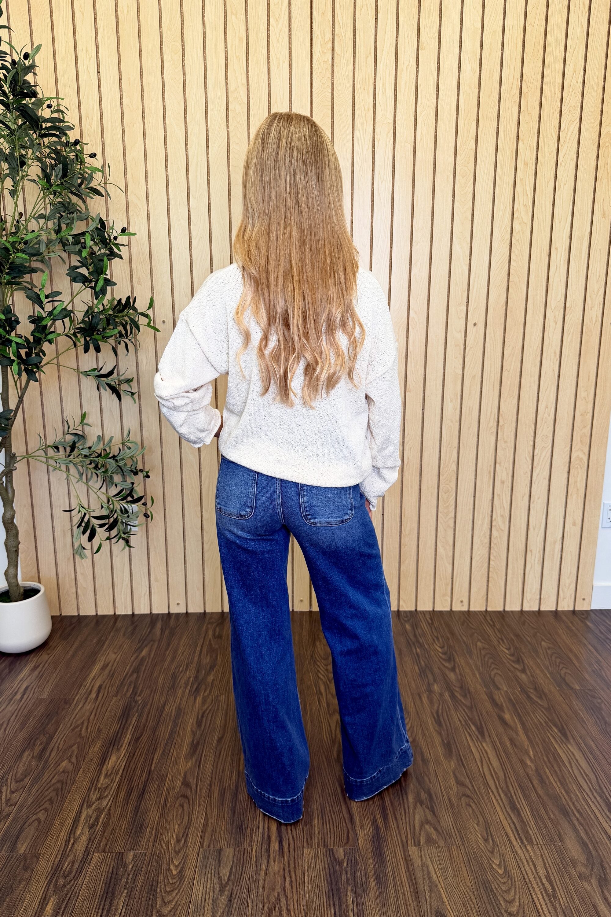 Sequoia Textured Raw Edge Sweater in Oatmeal styled on model