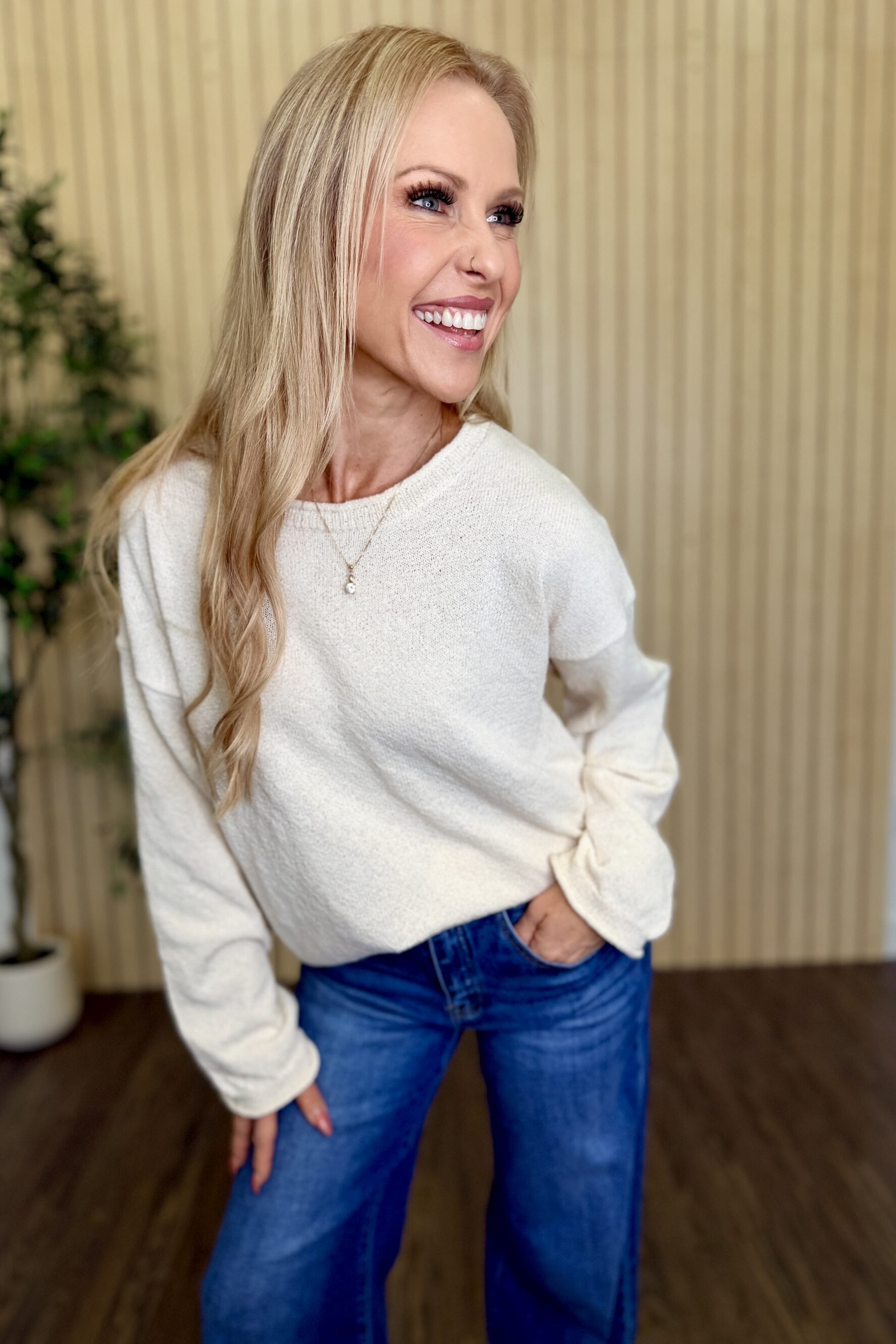 Sequoia Textured Raw Edge Sweater in Oatmeal styled on model