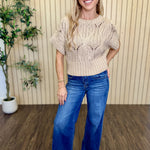 Larkspur Crochet Cotton Top in Taupe styled on model