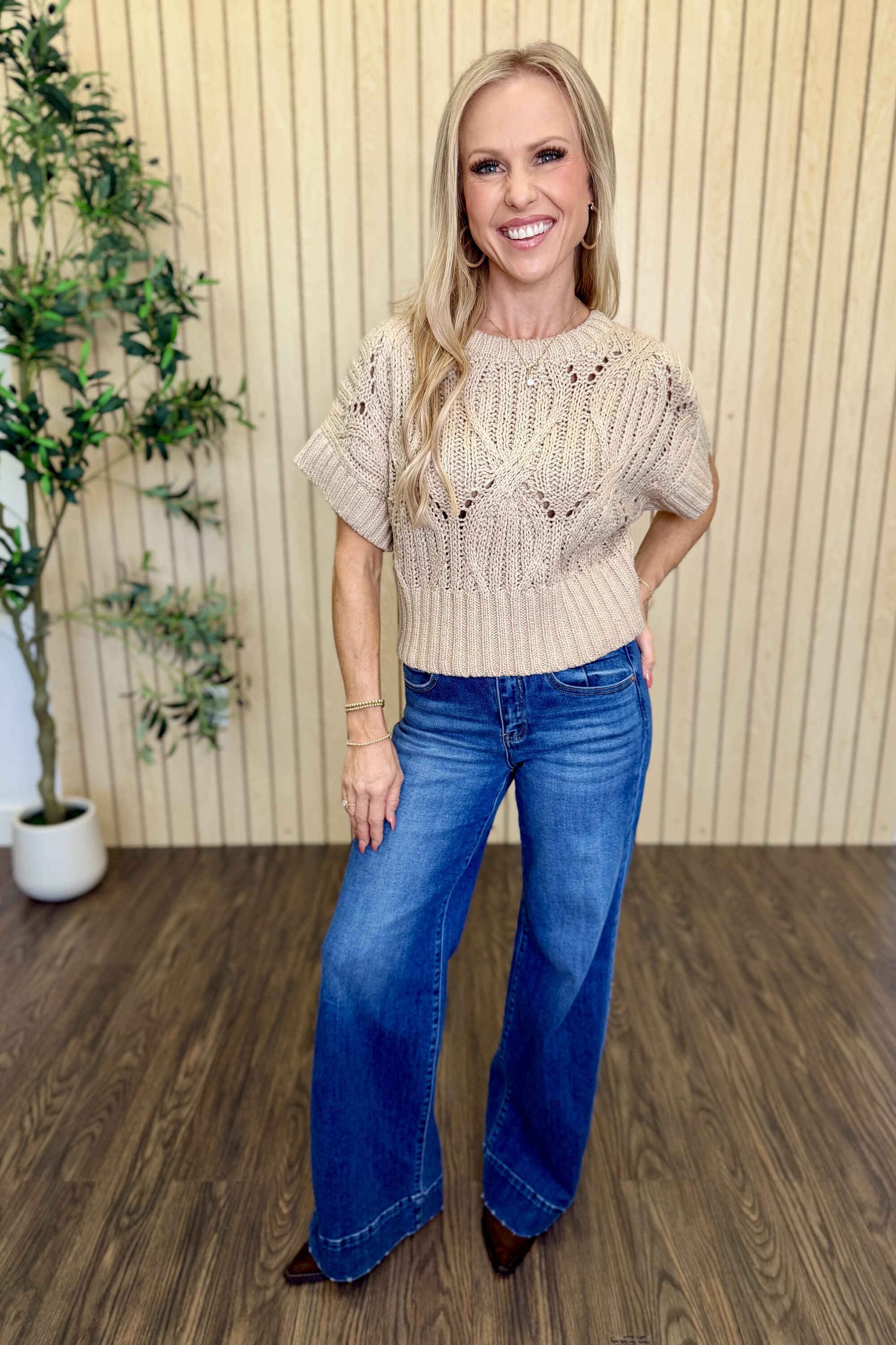 Larkspur Crochet Cotton Top in Taupe styled on model
