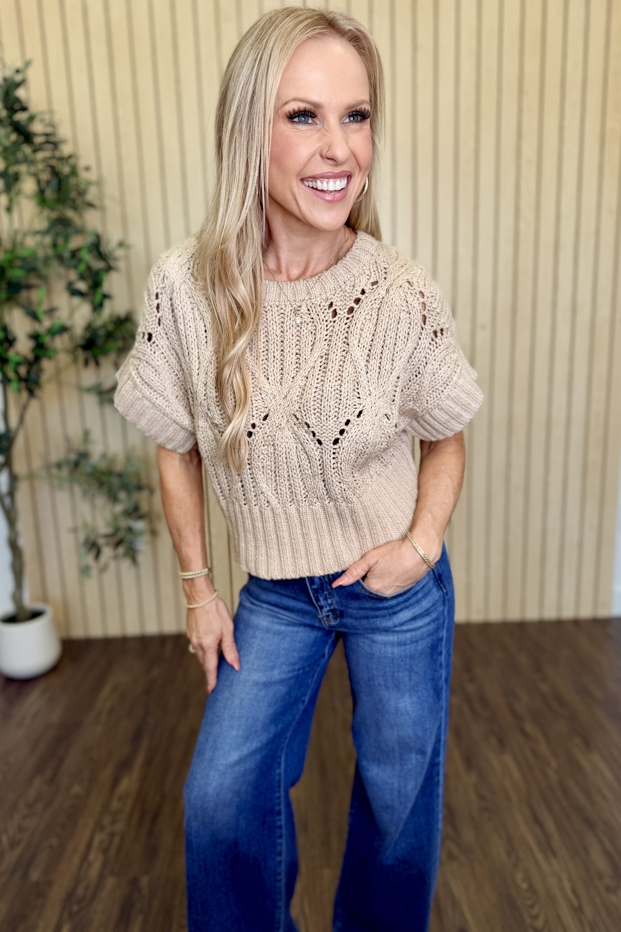 Larkspur Crochet Cotton Top in Taupe styled on model