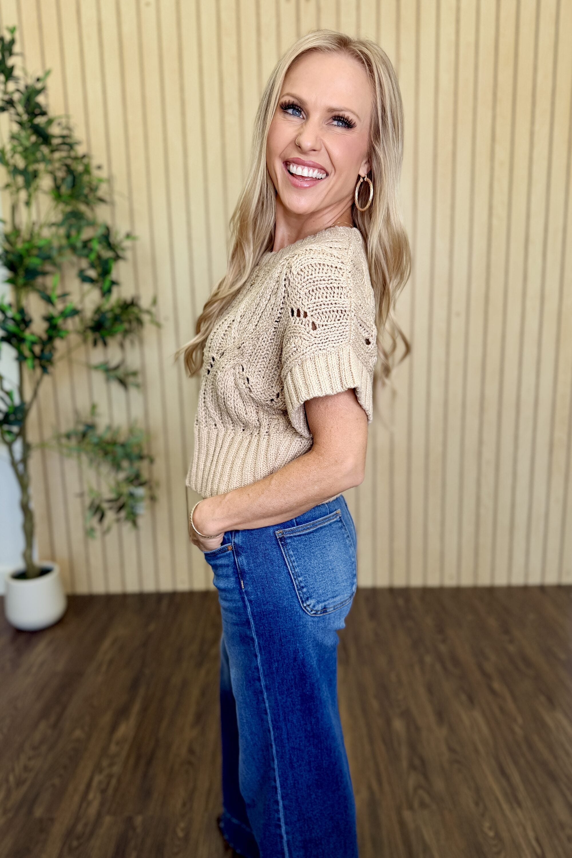 Larkspur Crochet Cotton Top in Taupe styled on model