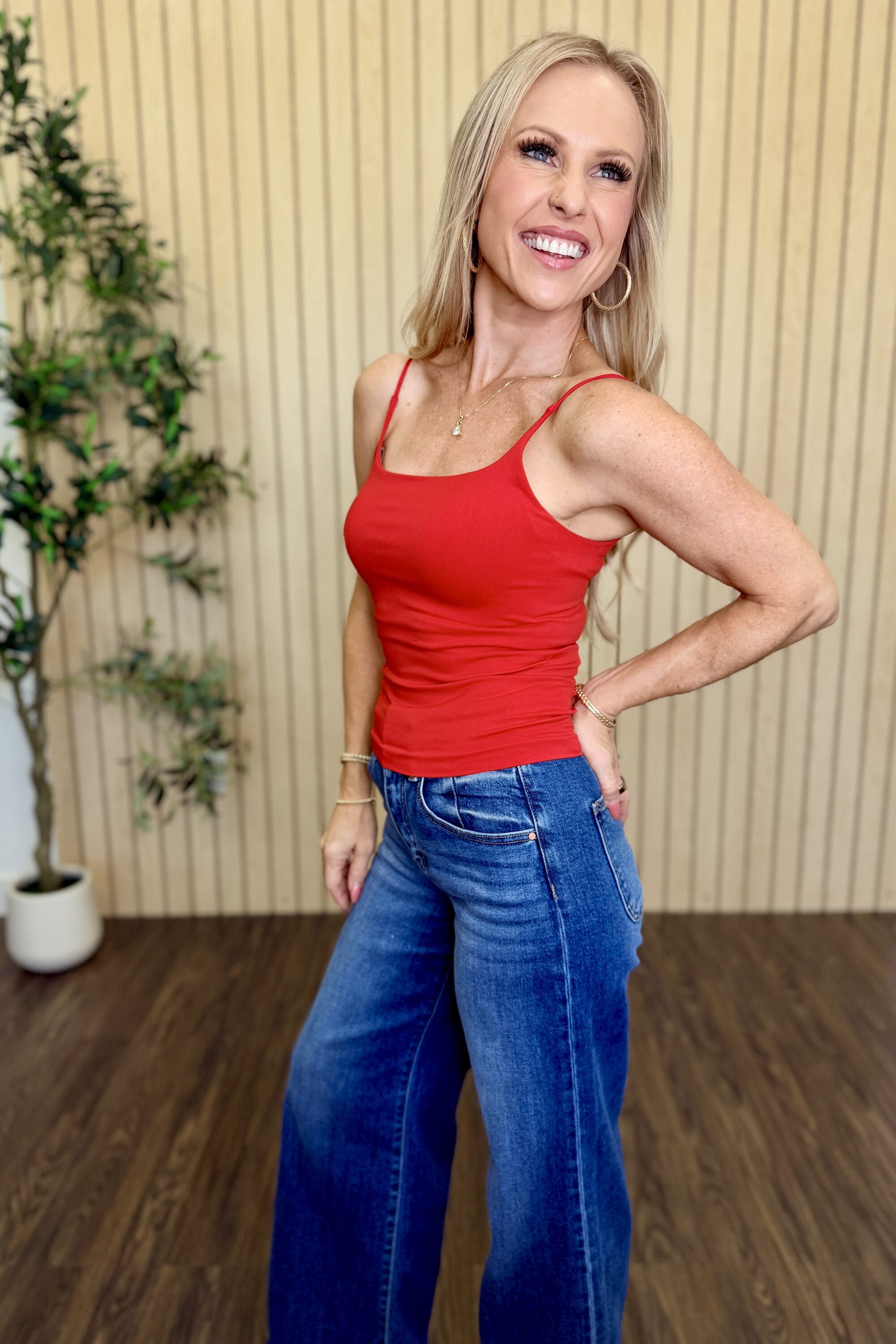 Melanie Clean Line Square Cami in Red, three-quarter view
