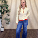 Colette Scalloped Pointelle Cardigan in Yellow styled on model