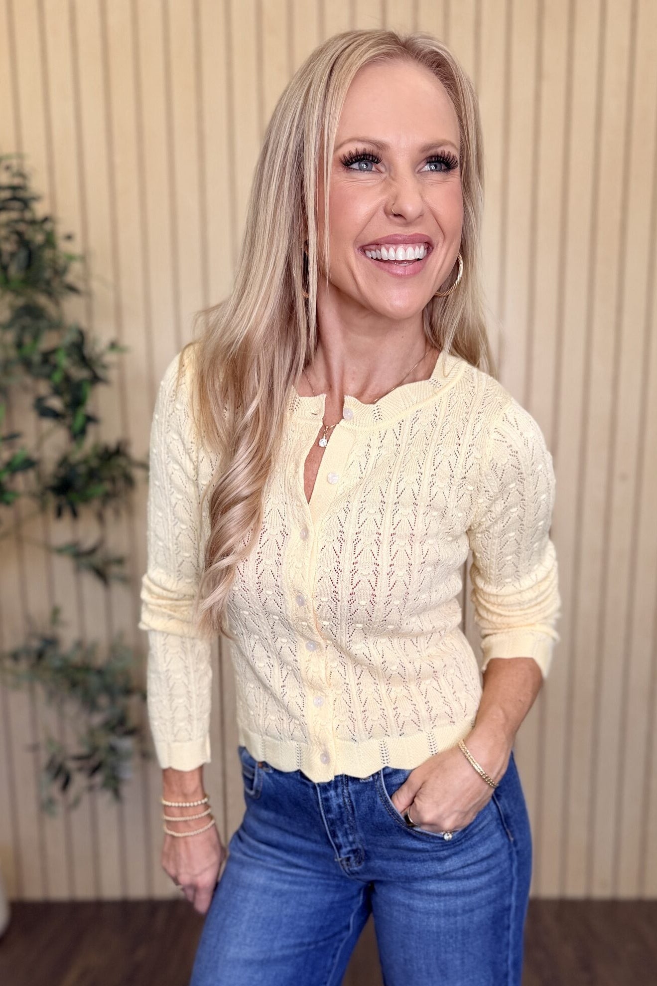 Colette Scalloped Pointelle Cardigan in Yellow styled on model