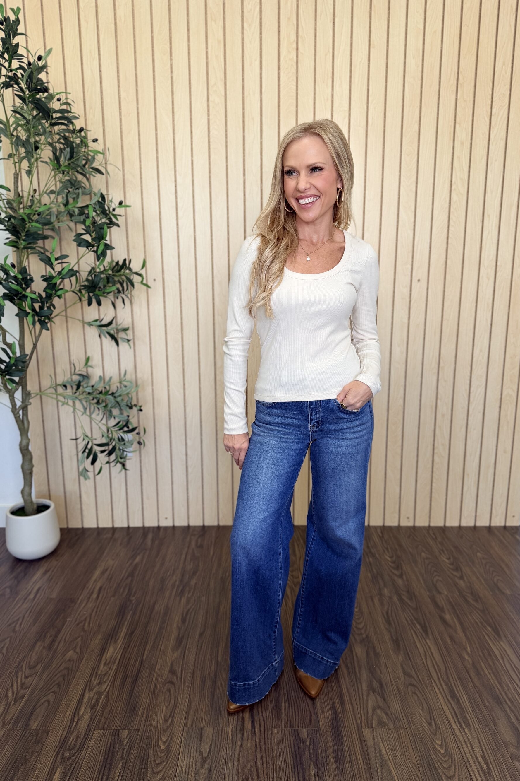 Greyson Scoop Long Sleeve Tee in Frosted Pearl styled on model