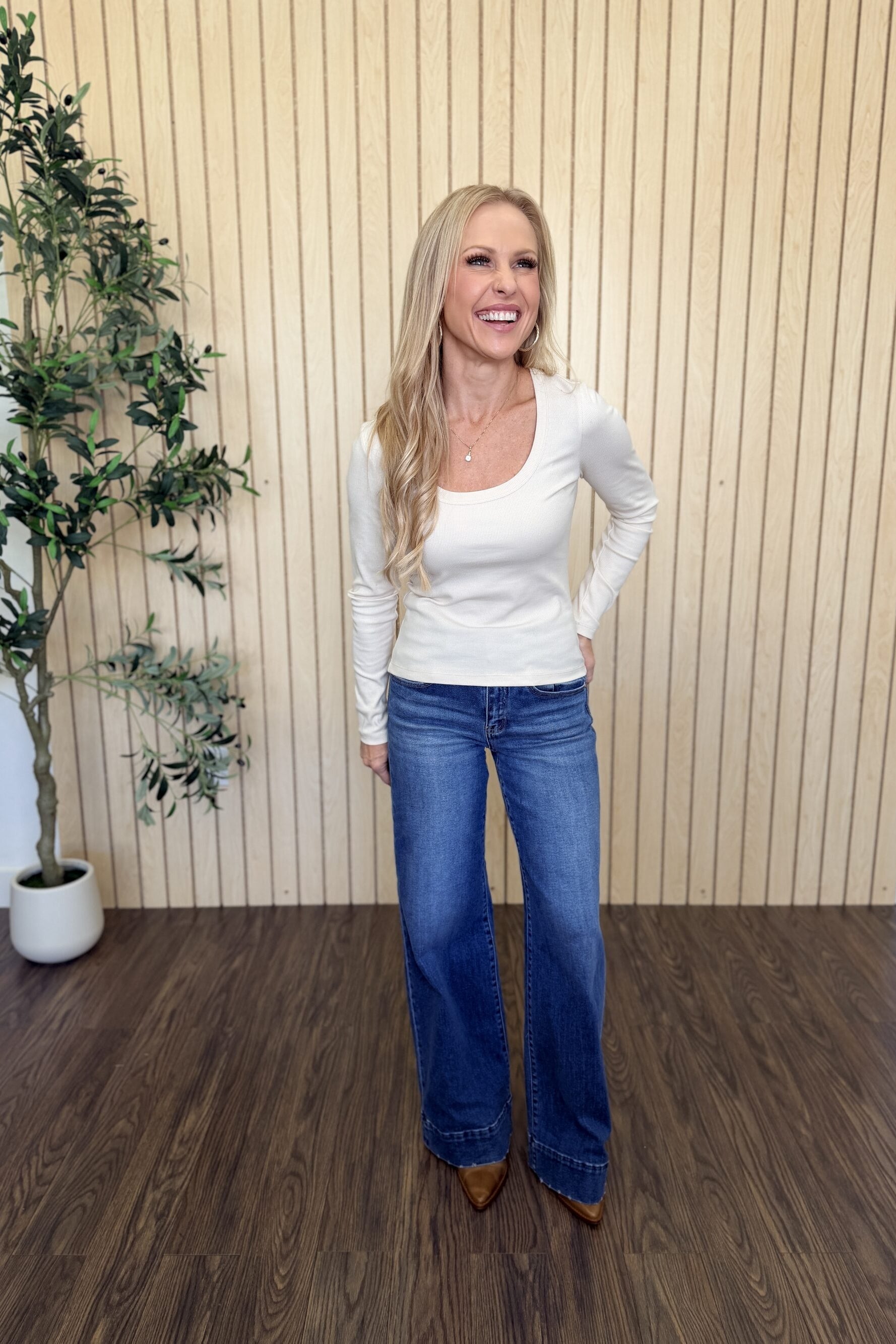 Greyson Scoop Long Sleeve Tee in Frosted Pearl styled on model