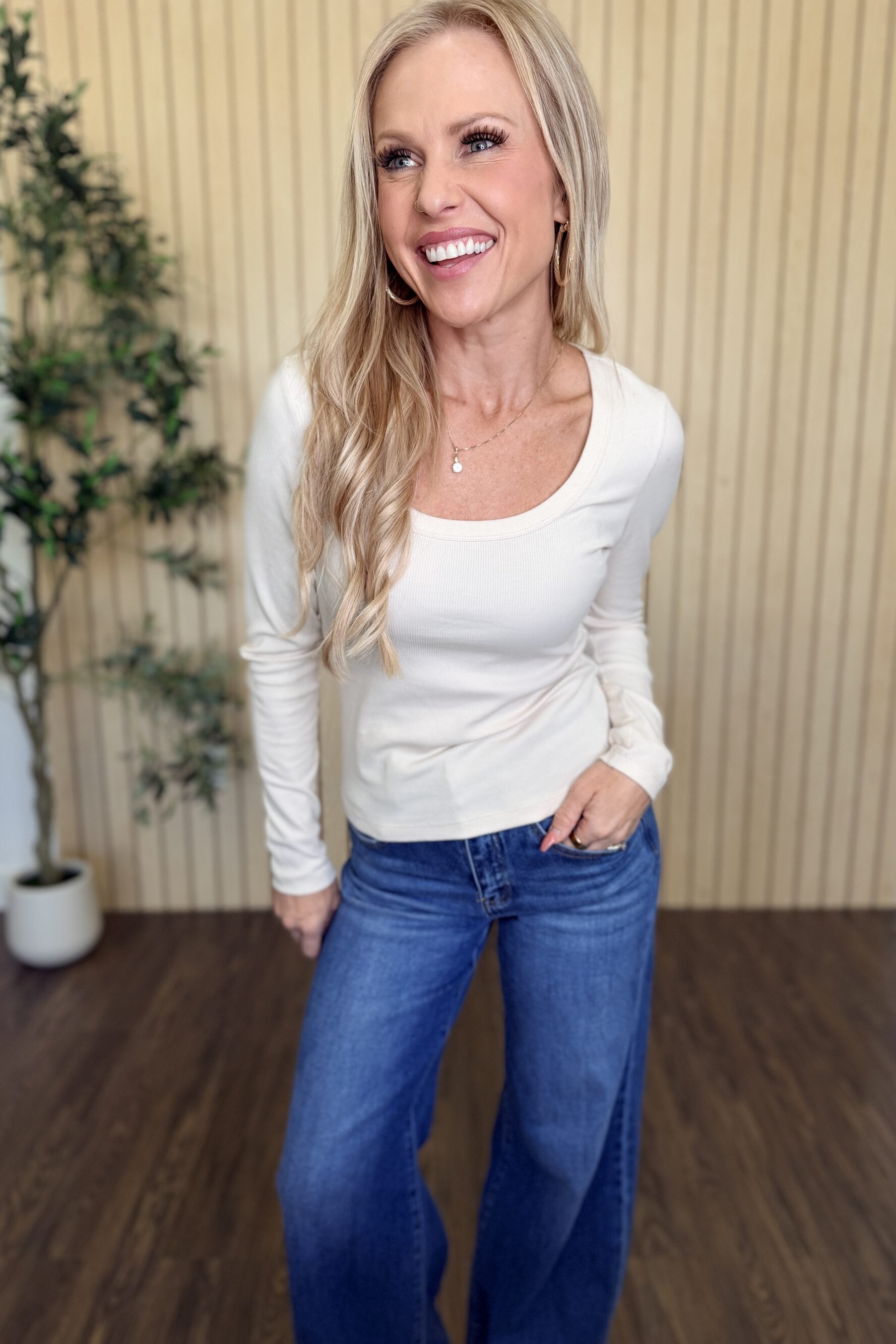Greyson Scoop Long Sleeve Tee in Frosted Pearl styled on model