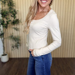 Greyson Scoop Long Sleeve Tee in Frosted Pearl styled on model