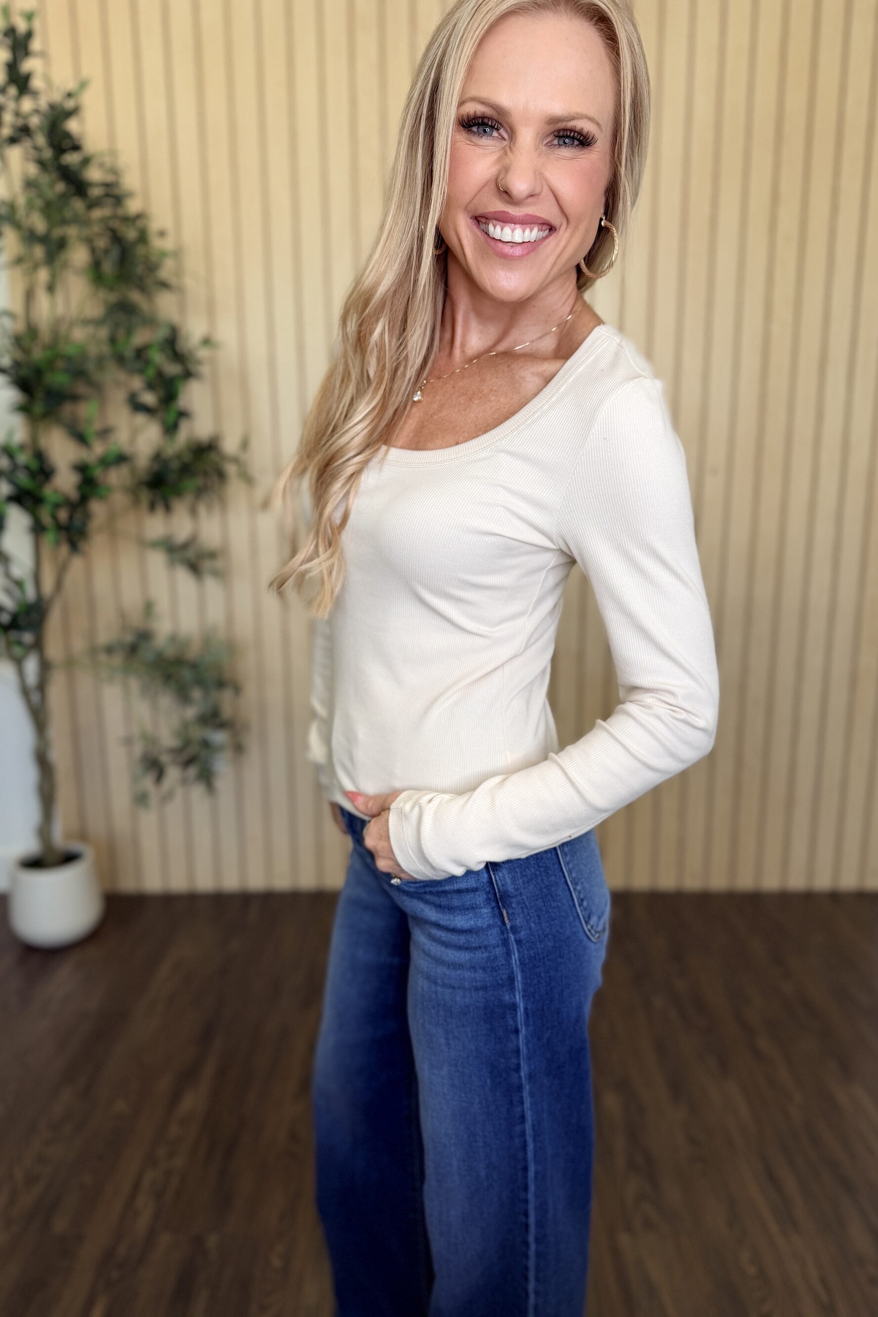 Greyson Scoop Long Sleeve Tee in Frosted Pearl styled on model