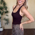 Davina Floral Lace Halter Crop Top in Chocolate styled on model