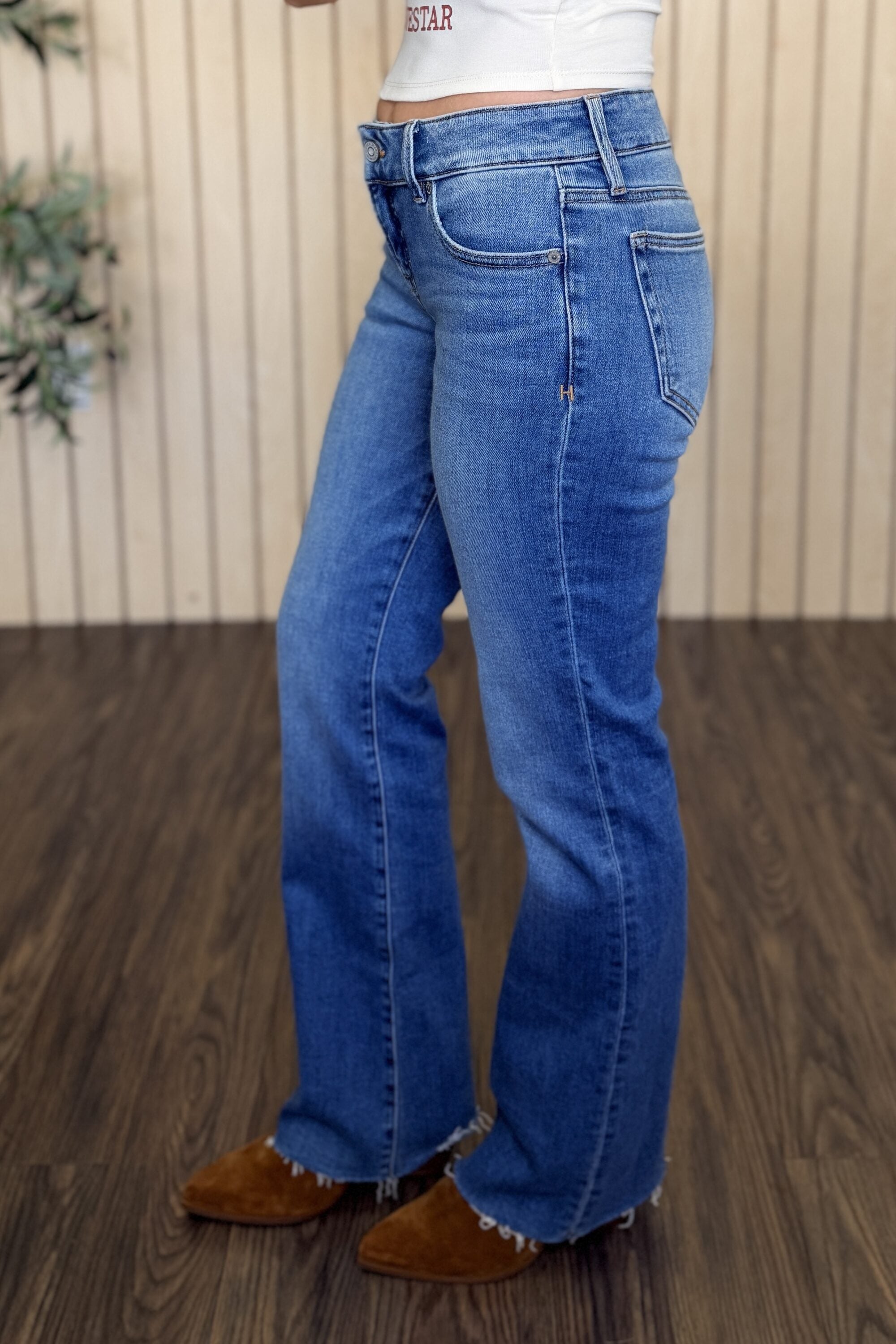 Ryan Low Rise Bootcut Jean styled on model