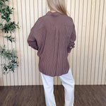 Harbor Pinstripe Button Down Shirt in Dark Brown styled on model