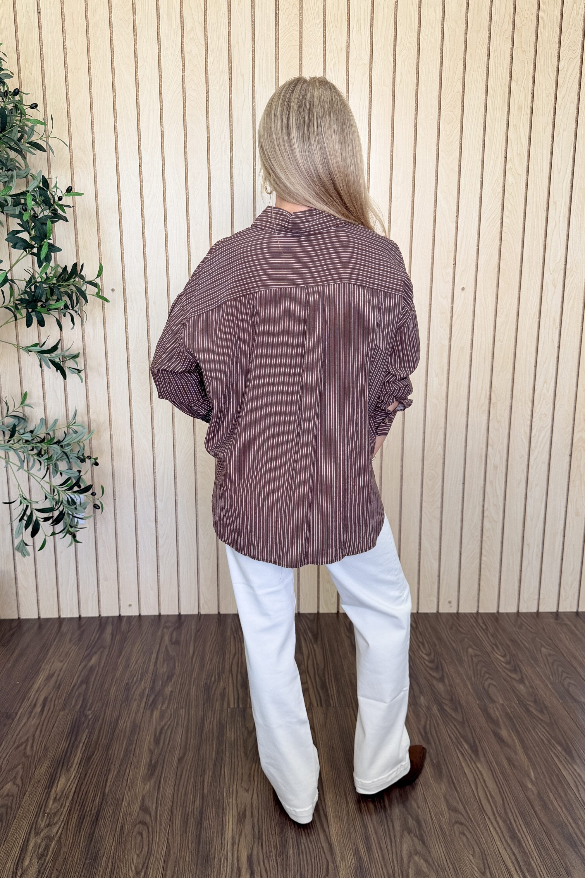 Harbor Pinstripe Button Down Shirt in Dark Brown styled on model