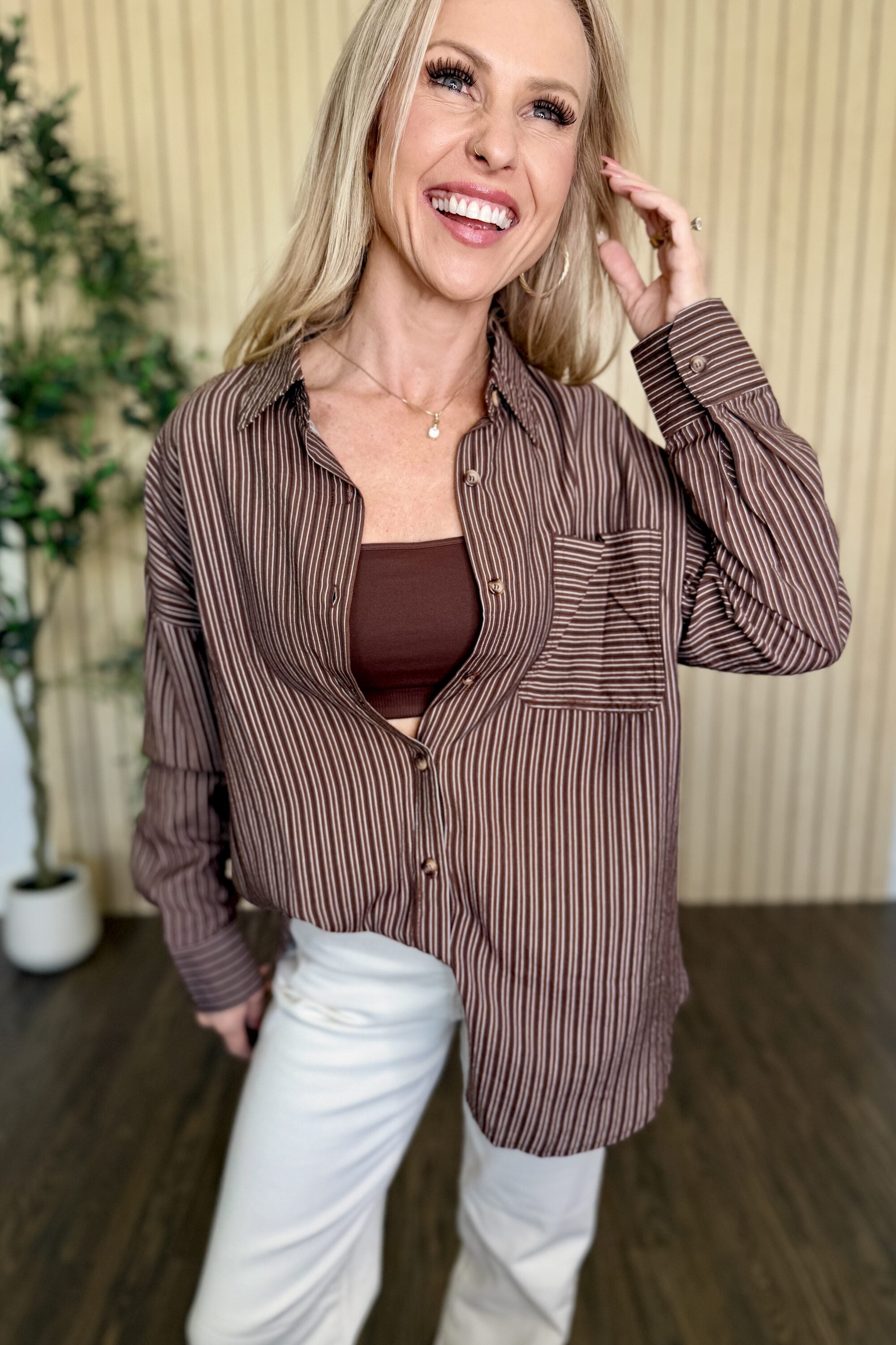 Harbor Pinstripe Button Down Shirt in Dark Brown styled on model