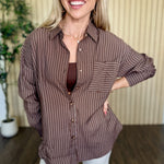 Harbor Pinstripe Button Down Shirt in Dark Brown styled on model