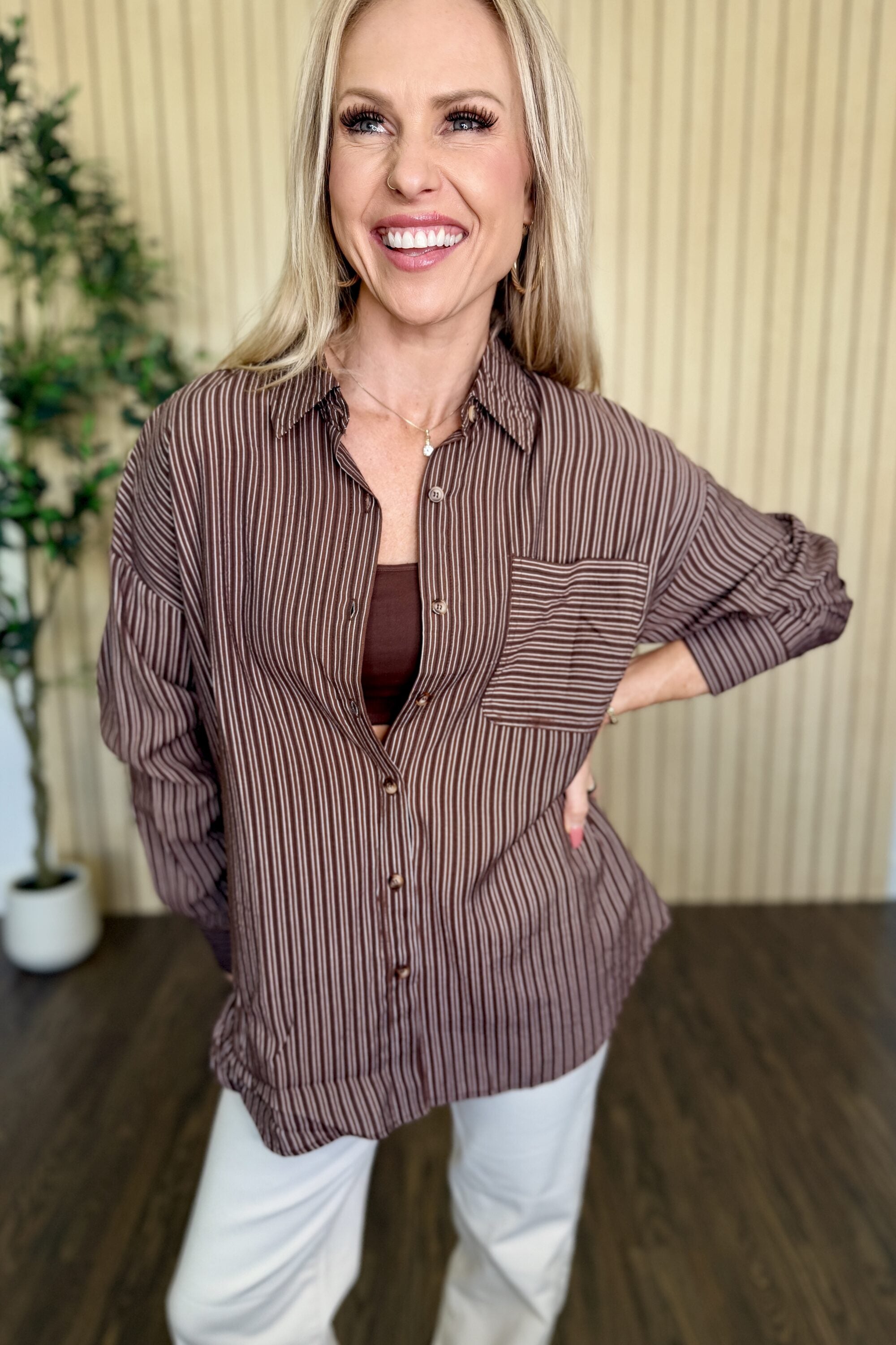 Harbor Pinstripe Button Down Shirt in Dark Brown styled on model