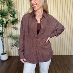 Harbor Pinstripe Button Down Shirt in Dark Brown styled on model