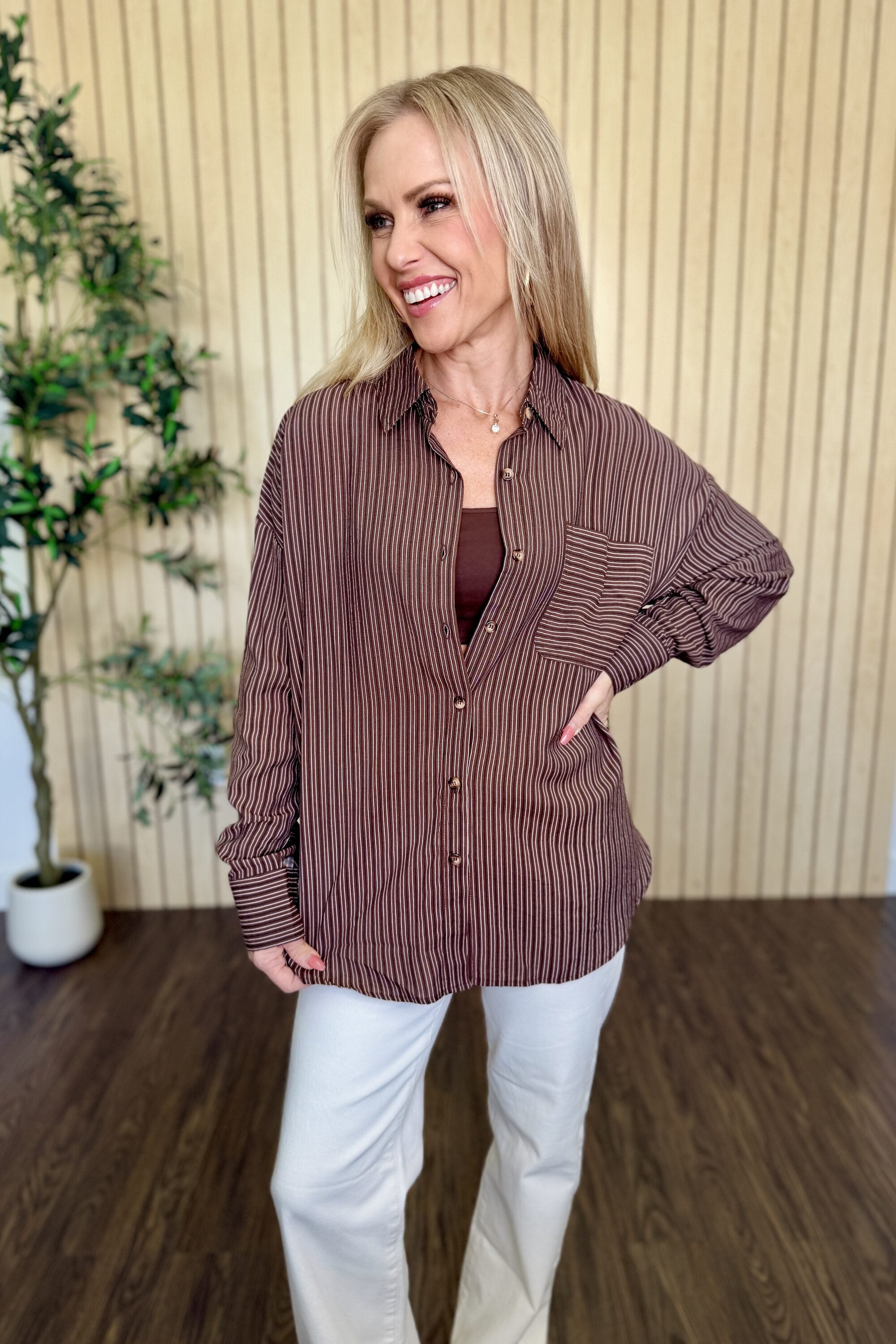 Harbor Pinstripe Button Down Shirt in Dark Brown styled on model