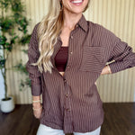 Harbor Pinstripe Button Down Shirt in Dark Brown styled on model
