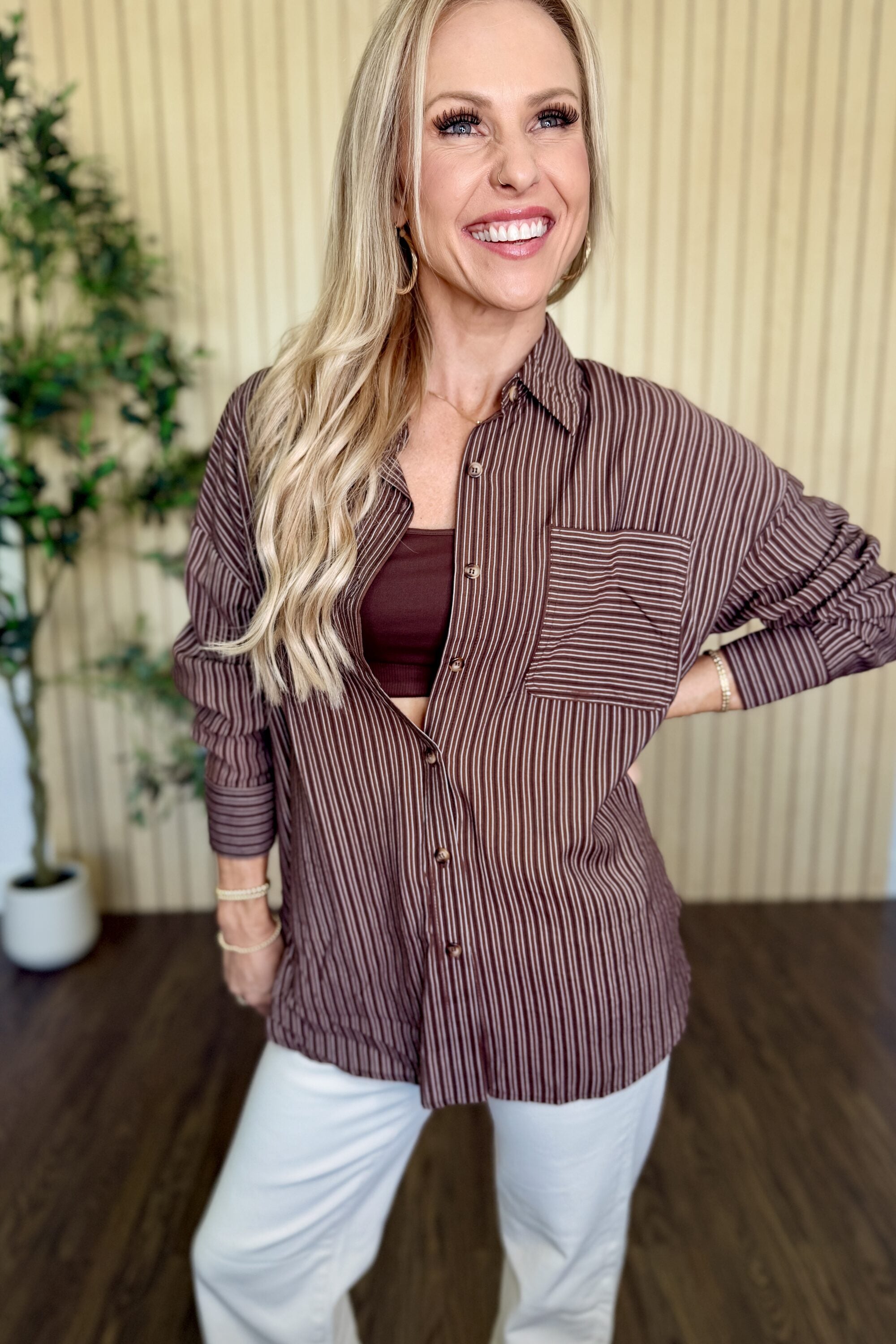 Harbor Pinstripe Button Down Shirt in Dark Brown styled on model