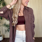 Harbor Pinstripe Button Down Shirt in Dark Brown styled on model