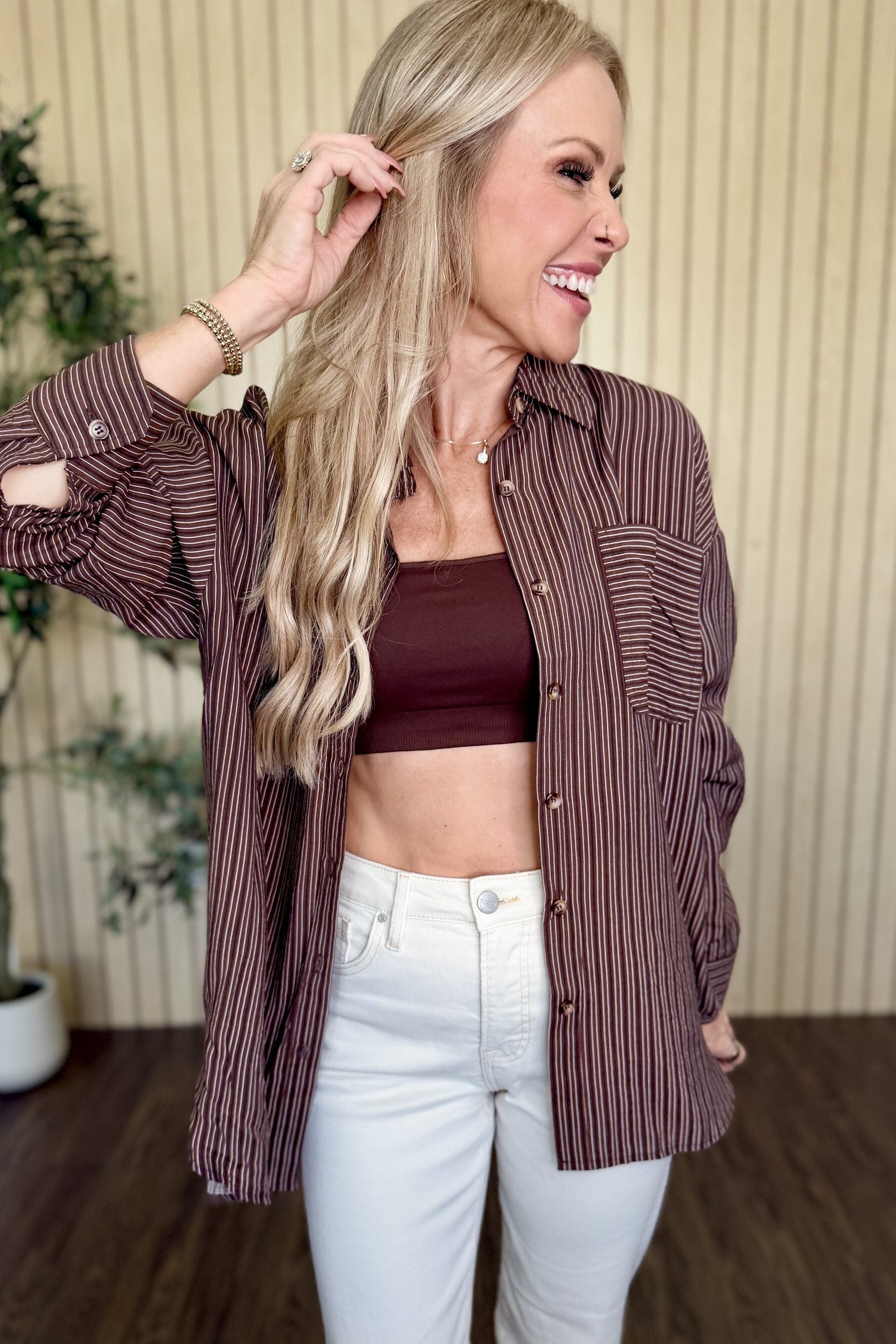 Harbor Pinstripe Button Down Shirt in Dark Brown styled on model