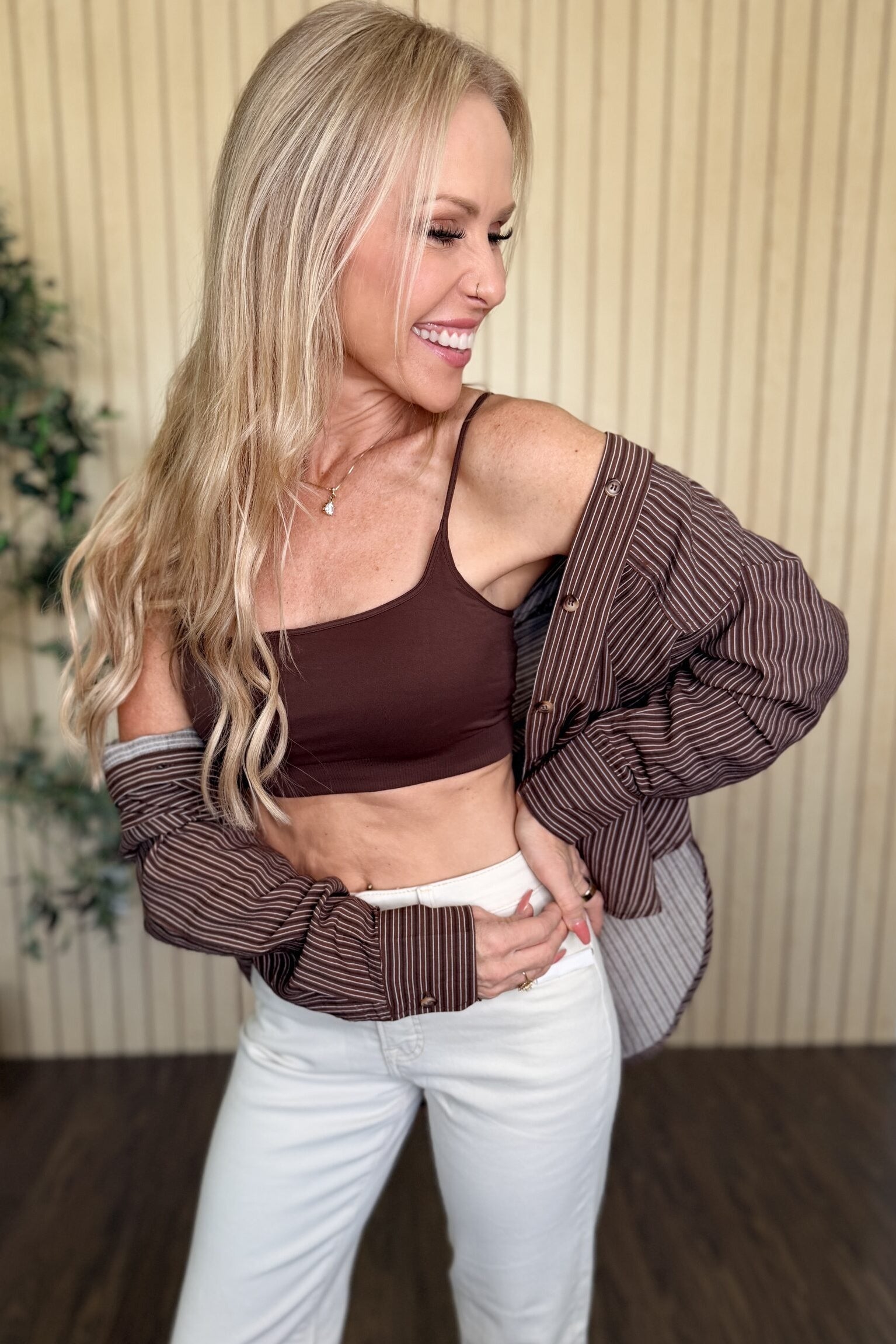 Harbor Pinstripe Button Down Shirt in Dark Brown styled on model