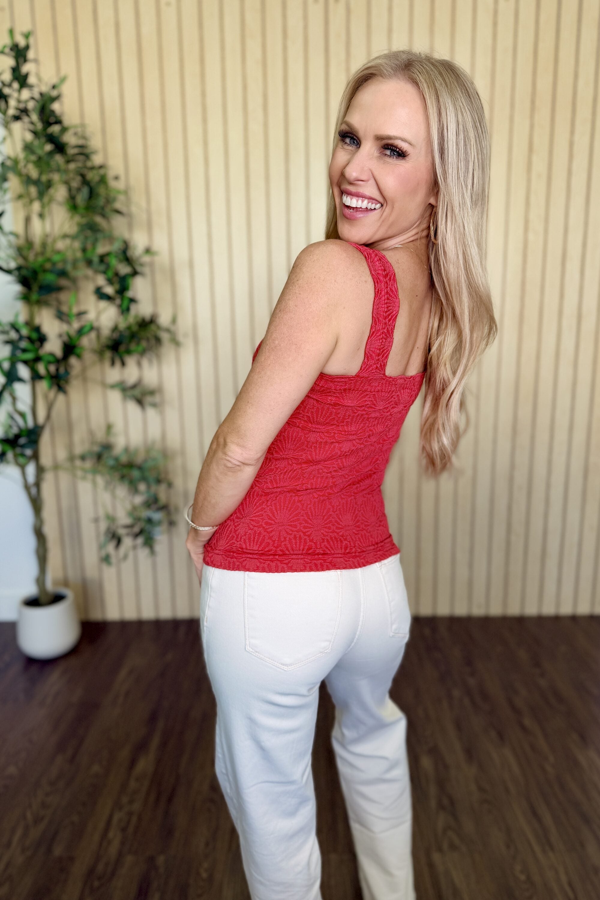 Julie Lace Textured Square Top in Red styled on model
