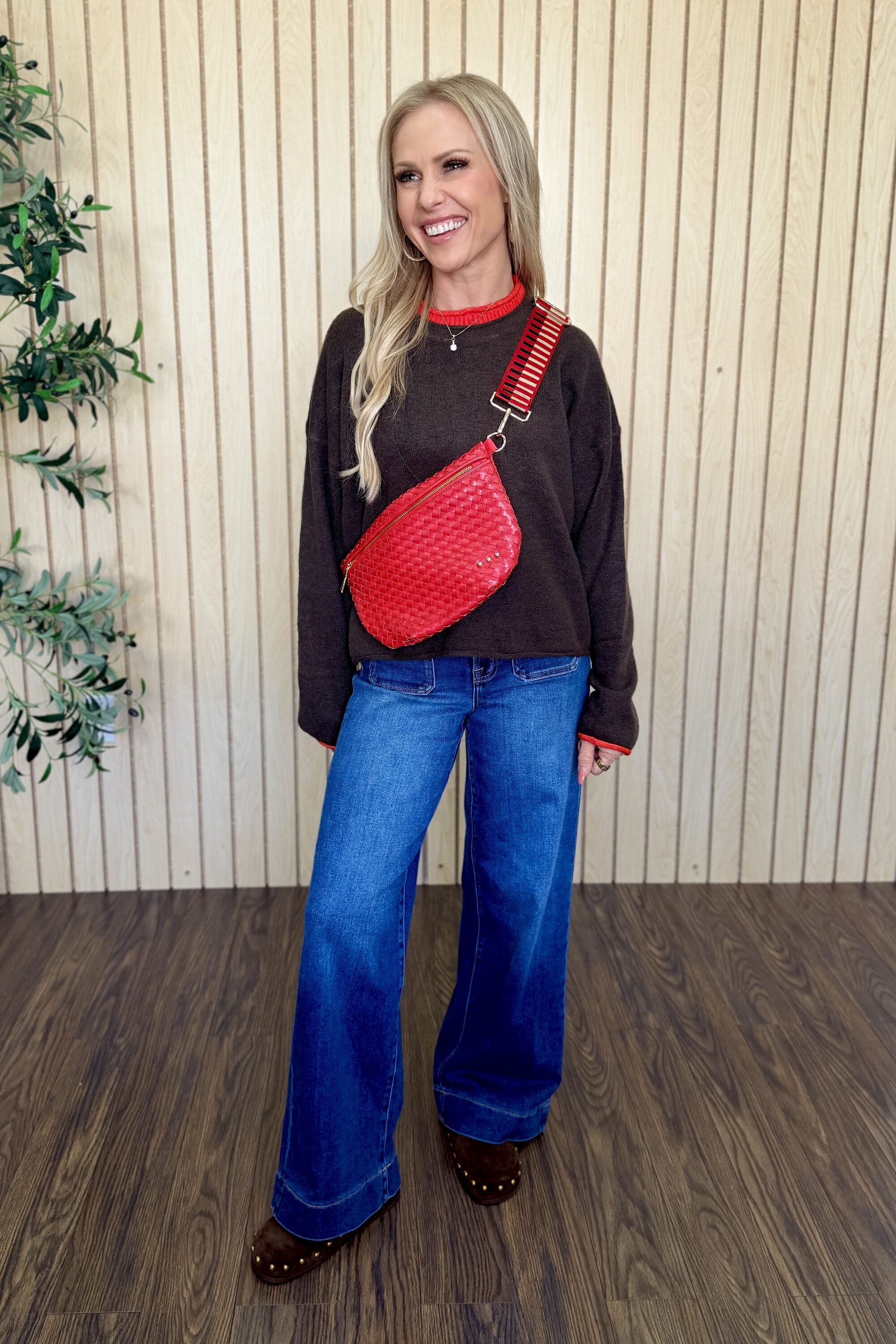 Dune Contrast Rolled Edge Pullover styled on model