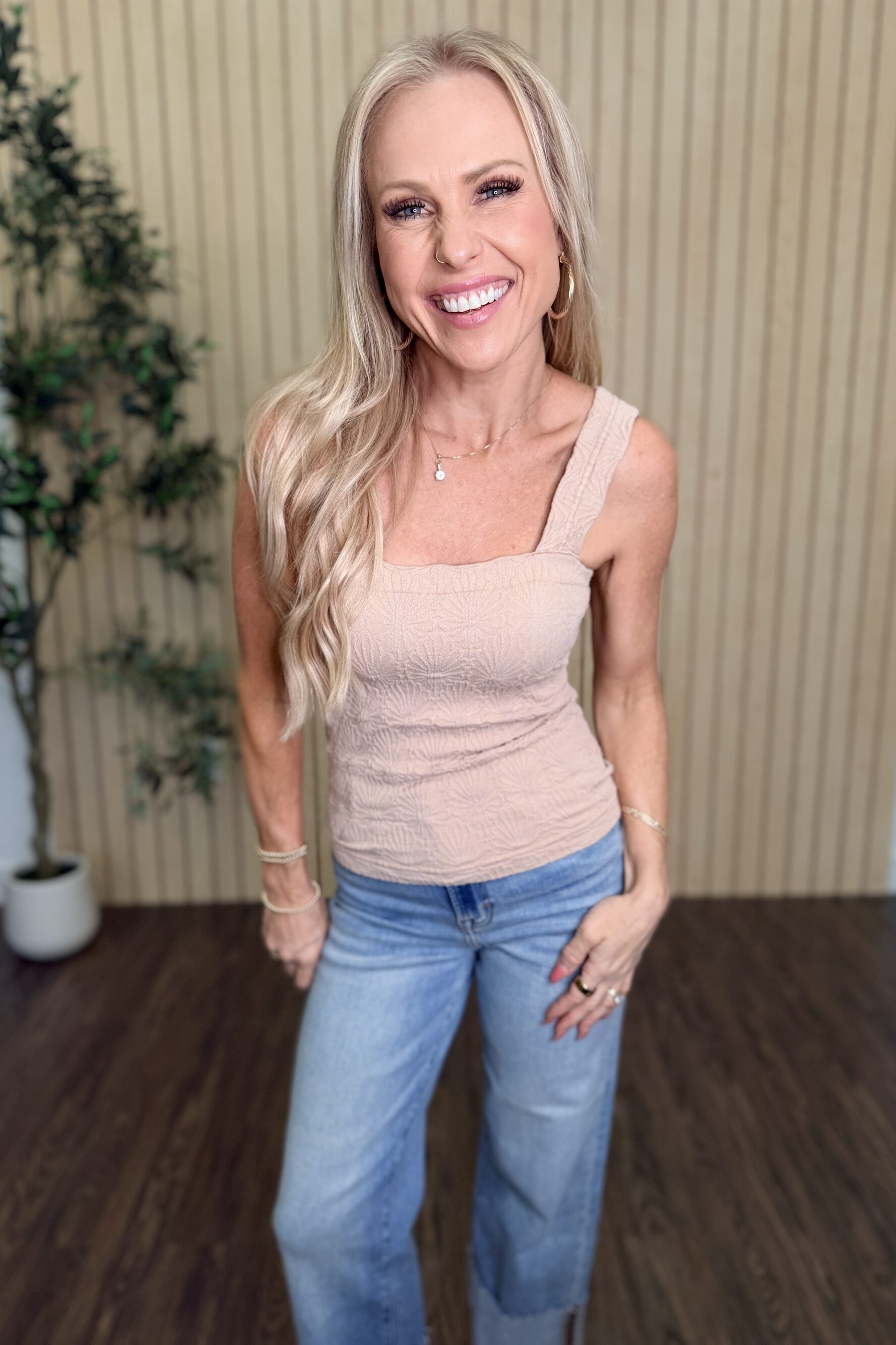 Julie Lace Textured Square Top in Milk Tea styled on model