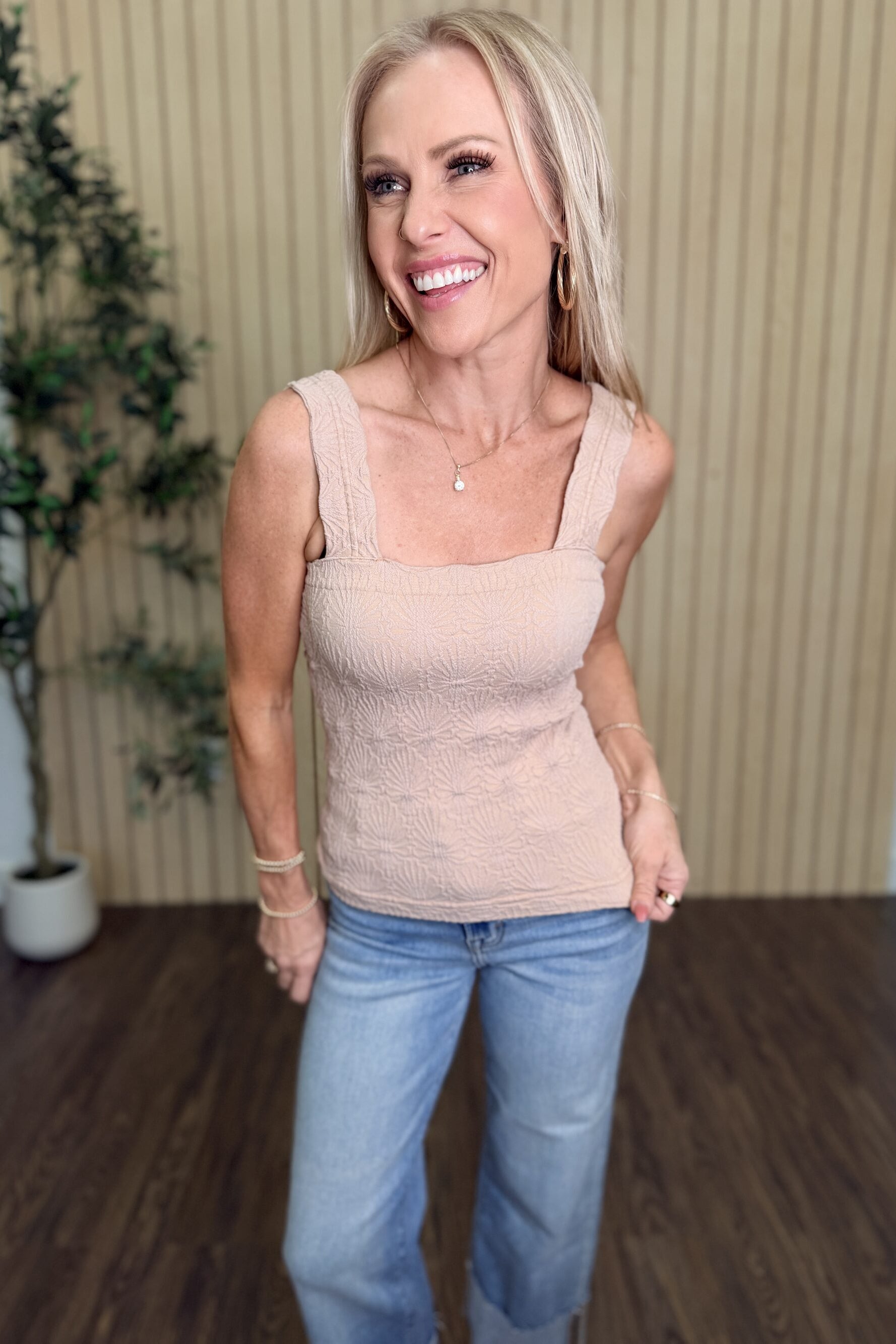 Julie Lace Textured Square Top in Milk Tea styled on model