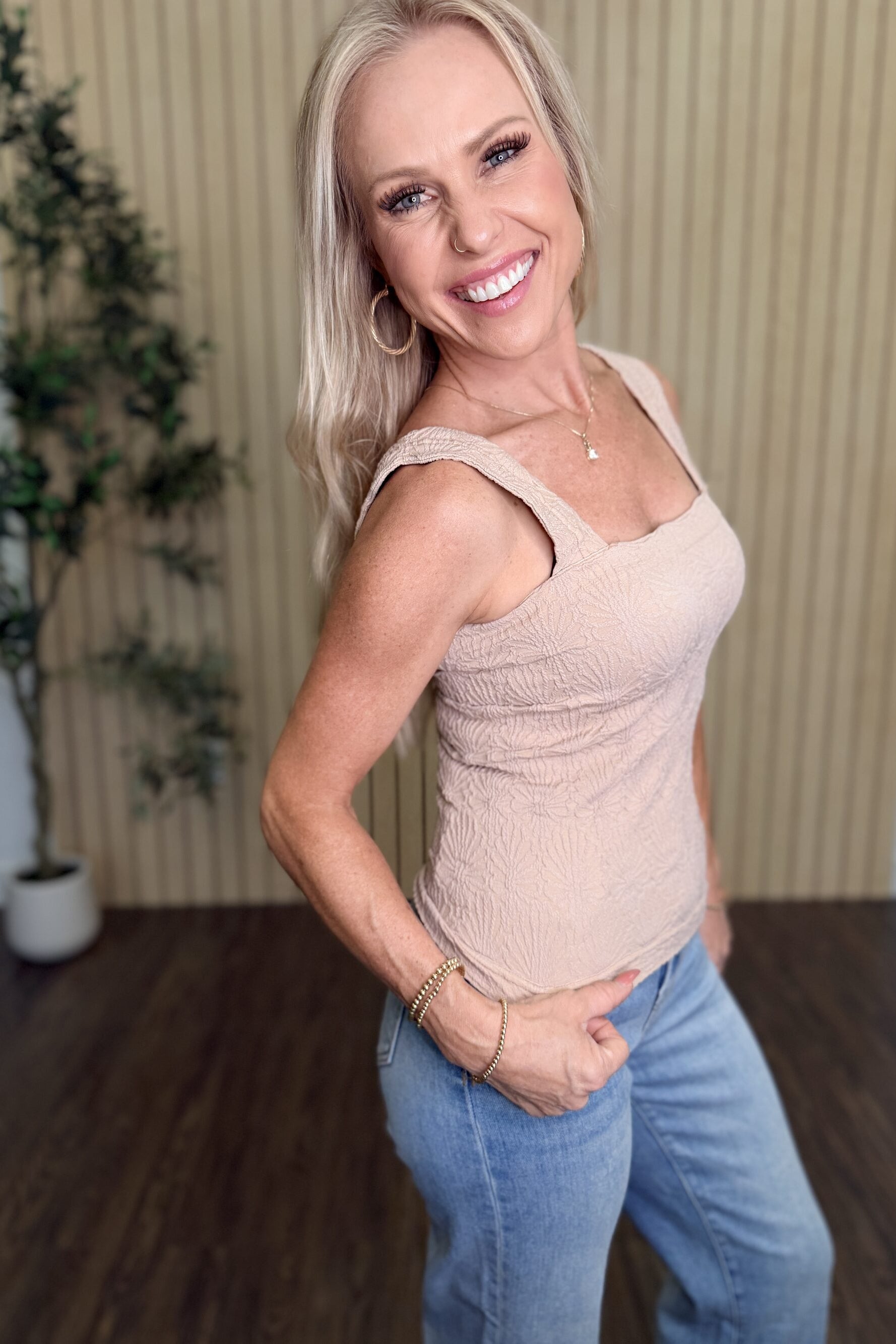 Julie Lace Textured Square Top in Milk Tea styled on model