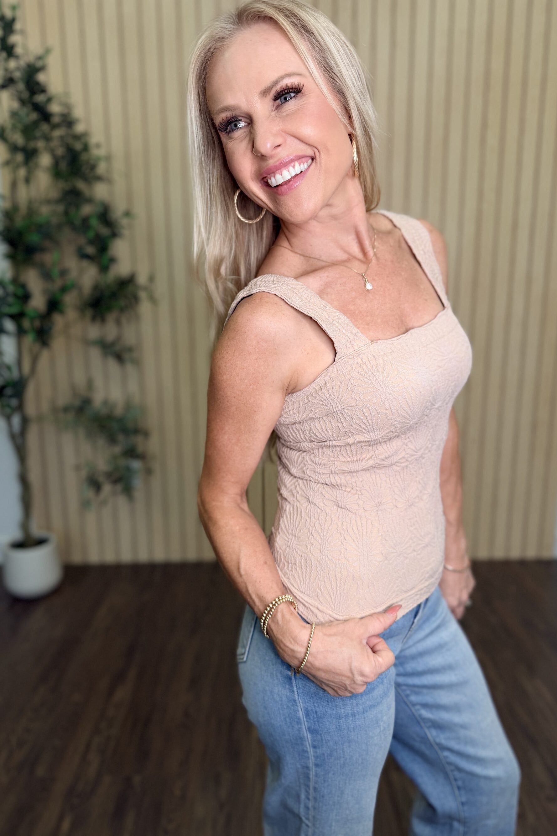 Julie Lace Textured Square Top in Milk Tea styled on model