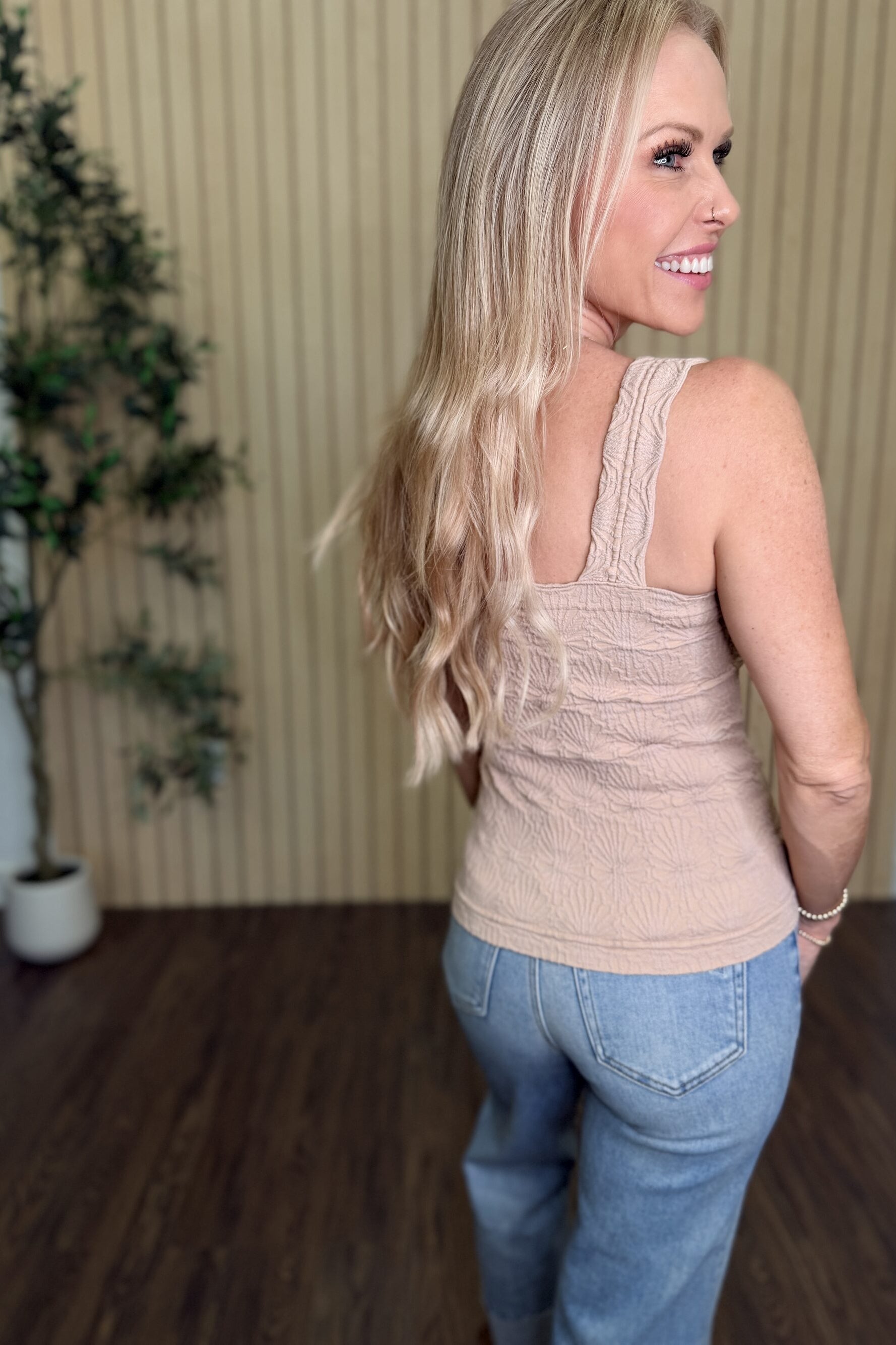 Julie Lace Textured Square Top in Milk Tea styled on model