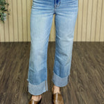 Ella High Rise Cuffed Wide Straight Jean styled on model