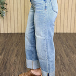 Ella High Rise Cuffed Wide Straight Jean styled on model