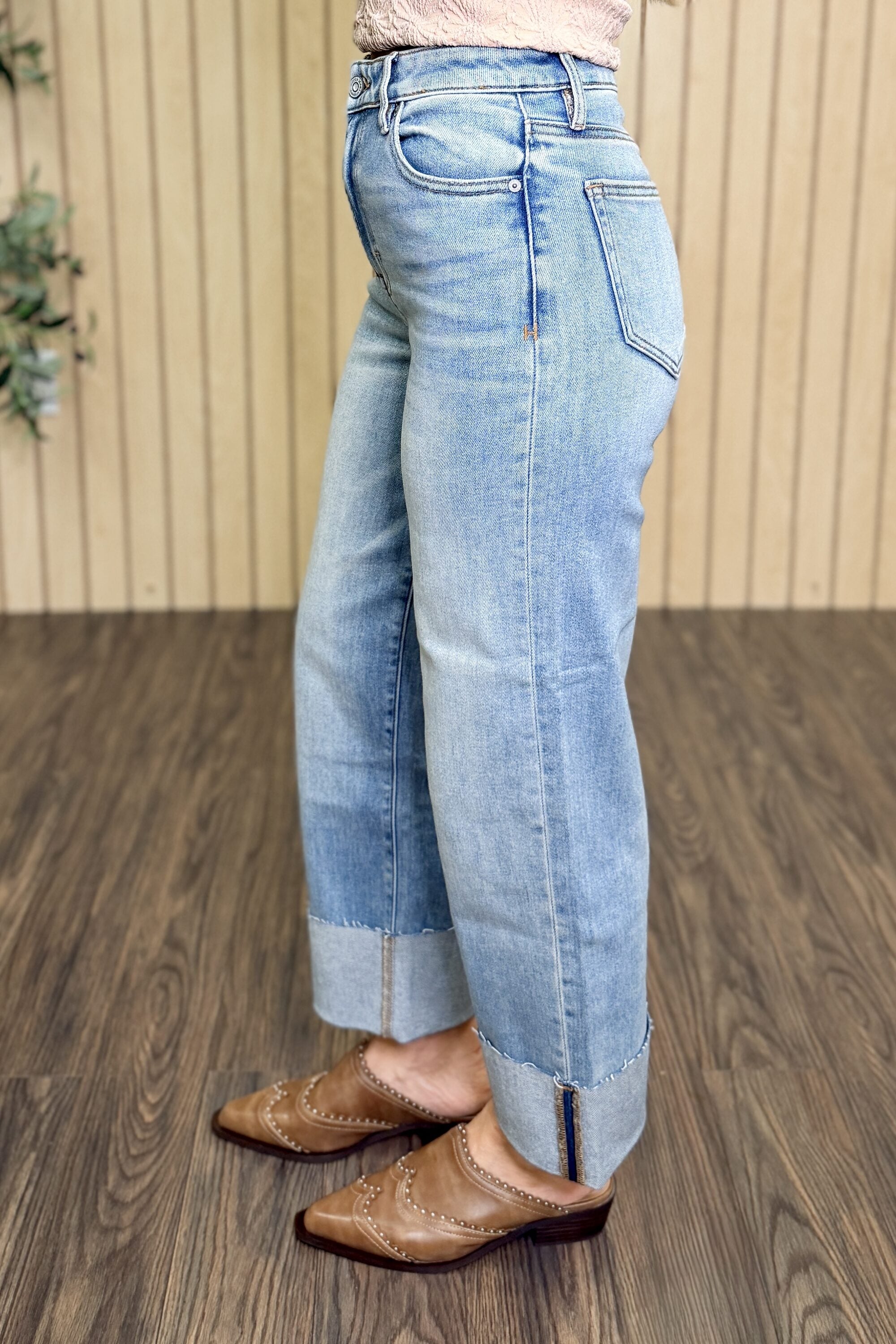 Ella High Rise Cuffed Wide Straight Jean styled on model