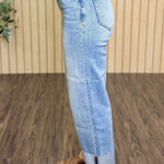 Ella High Rise Cuffed Wide Straight Jean styled on model