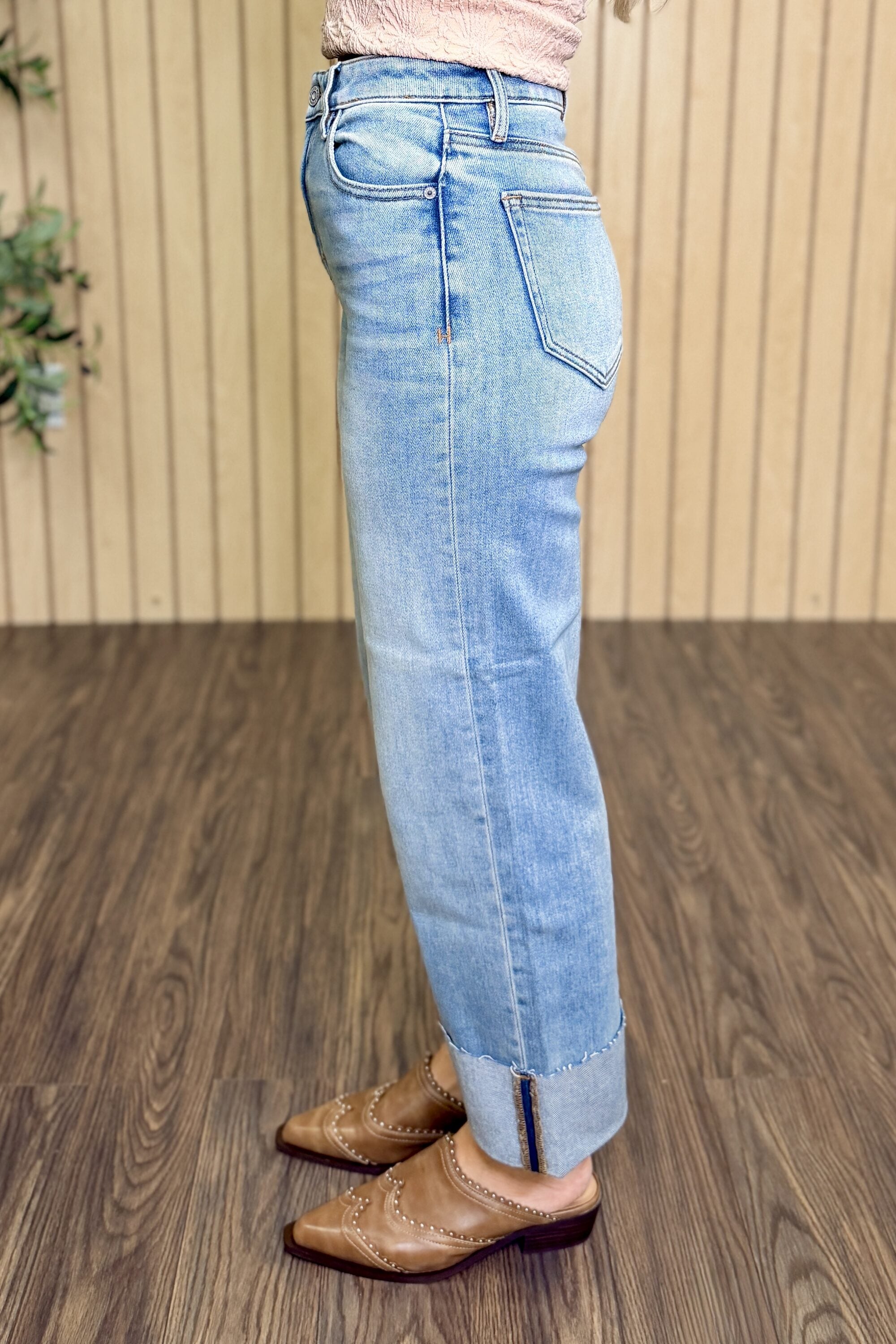 Ella High Rise Cuffed Wide Straight Jean styled on model