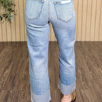 Ella High Rise Cuffed Wide Straight Jean styled on model