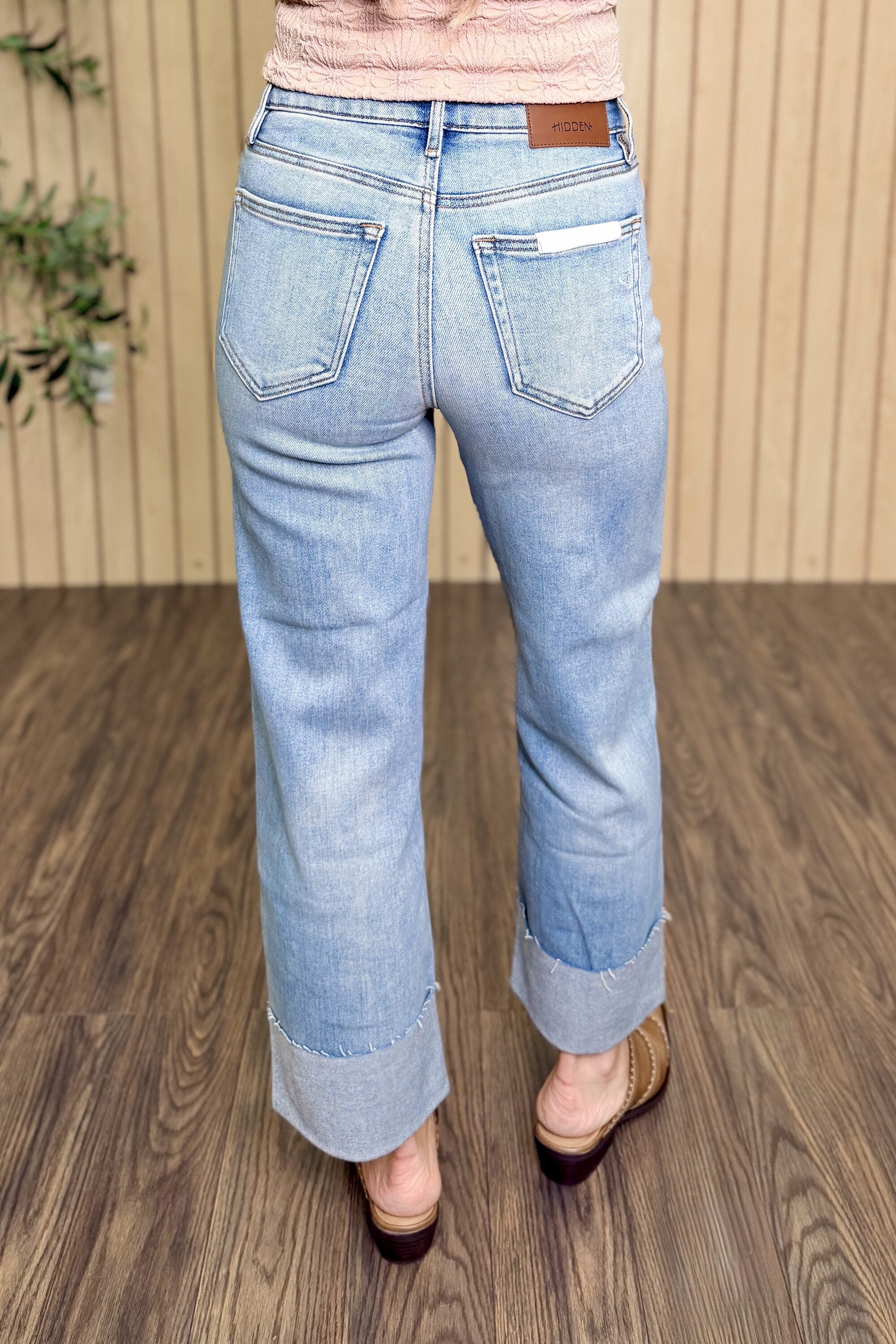 Ella High Rise Cuffed Wide Straight Jean styled on model