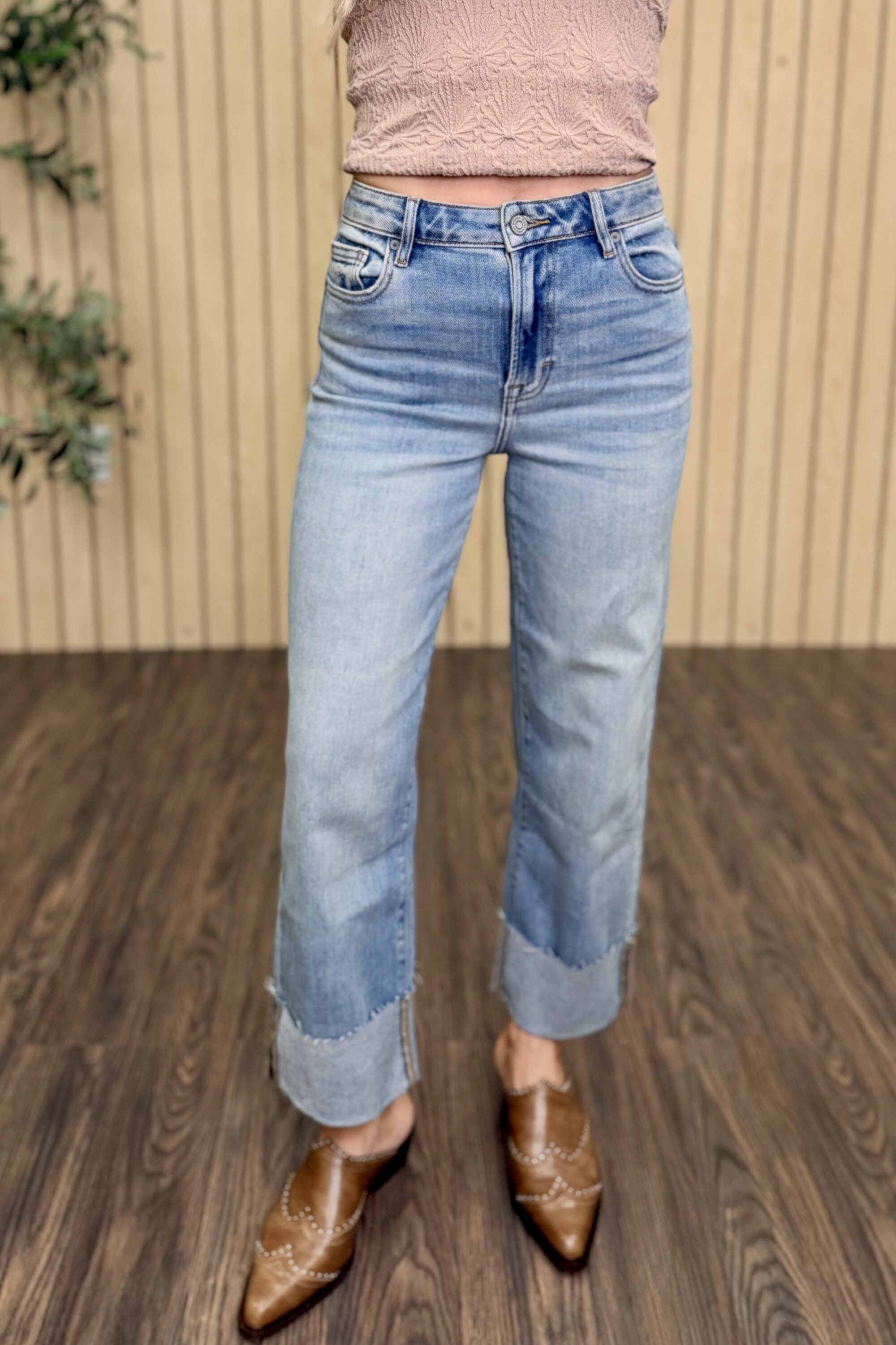 Ella High Rise Cuffed Wide Straight Jean styled on model