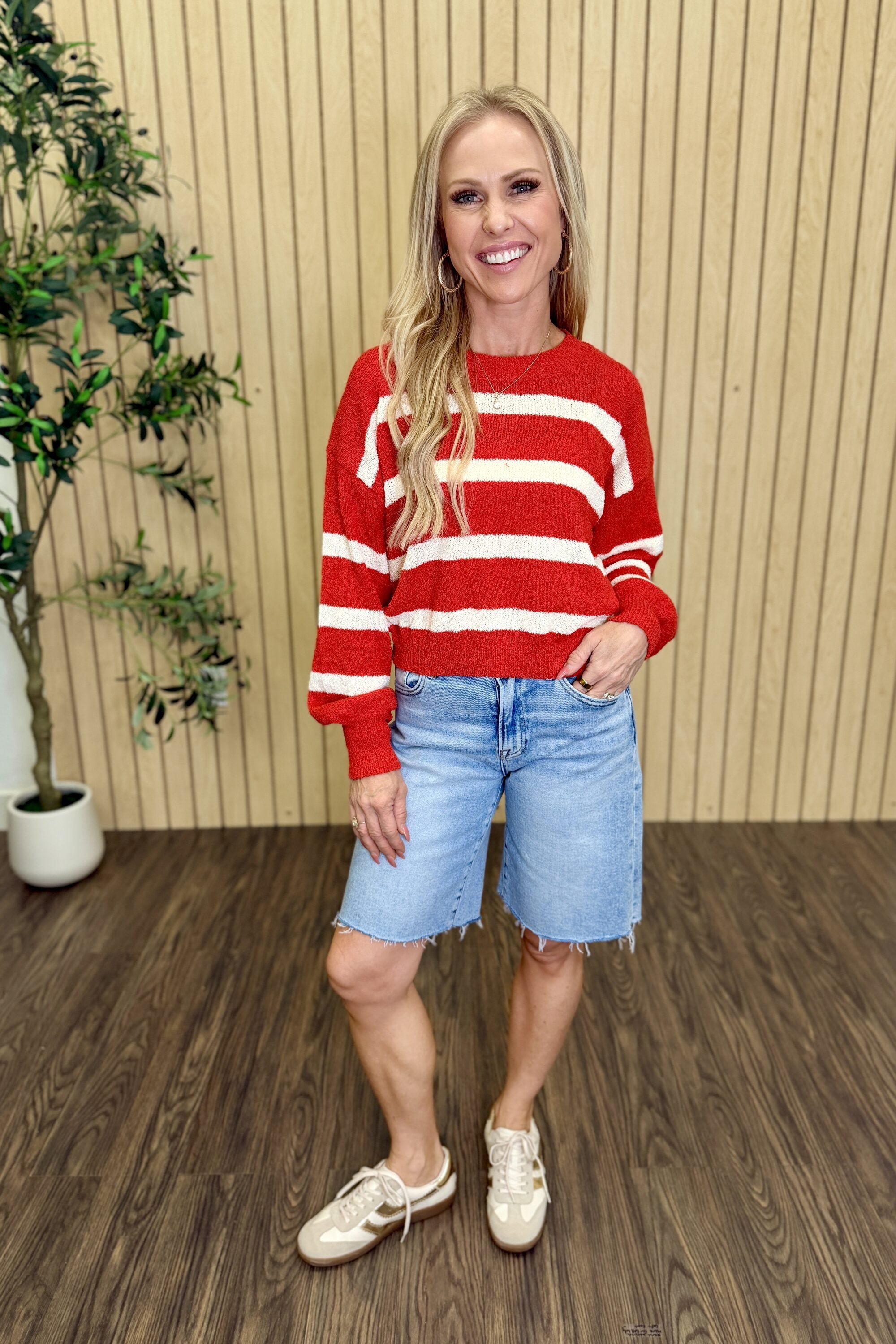 Willow Striped Drop Shoulder Sweater styled on model