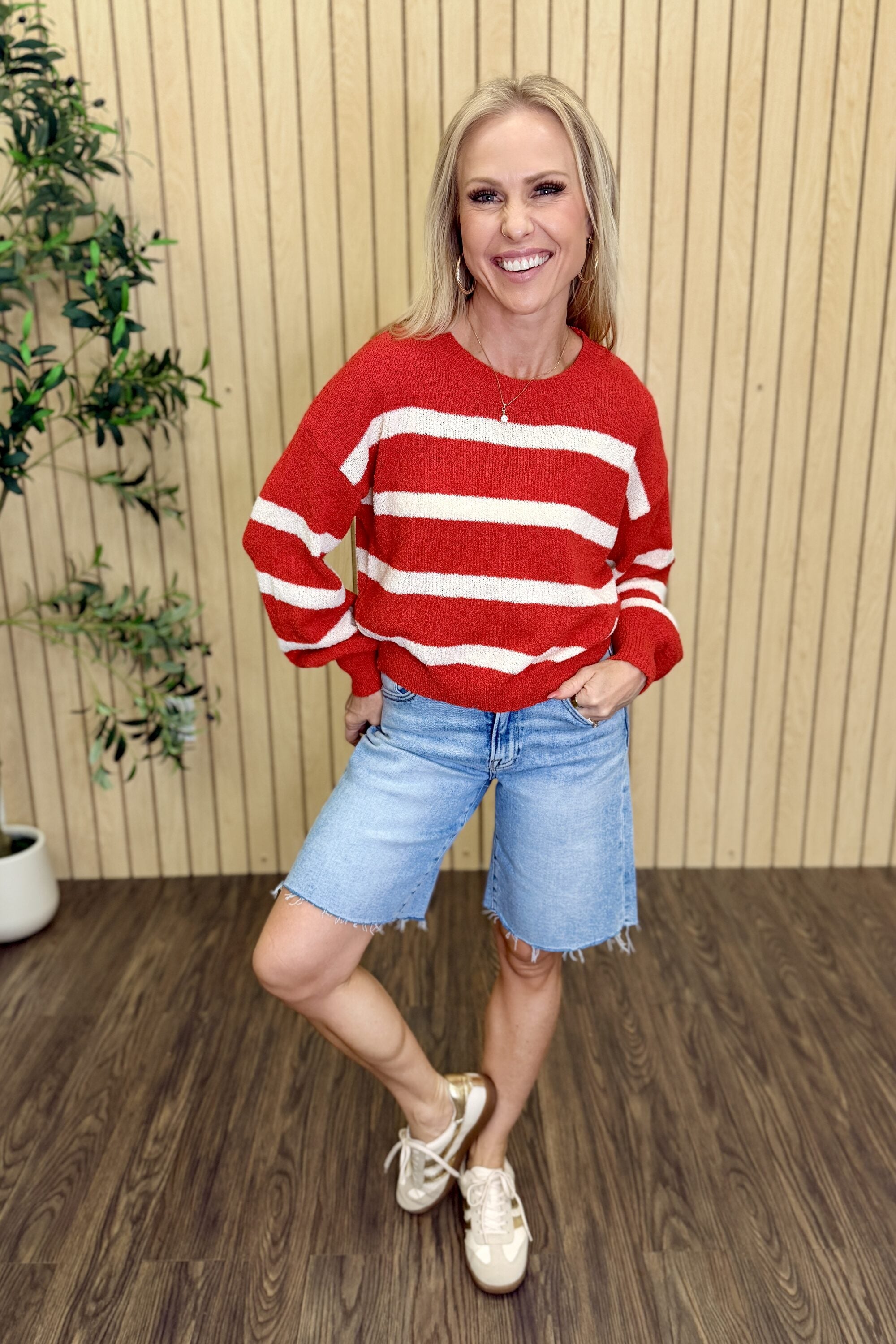 Willow Striped Drop Shoulder Sweater styled on model