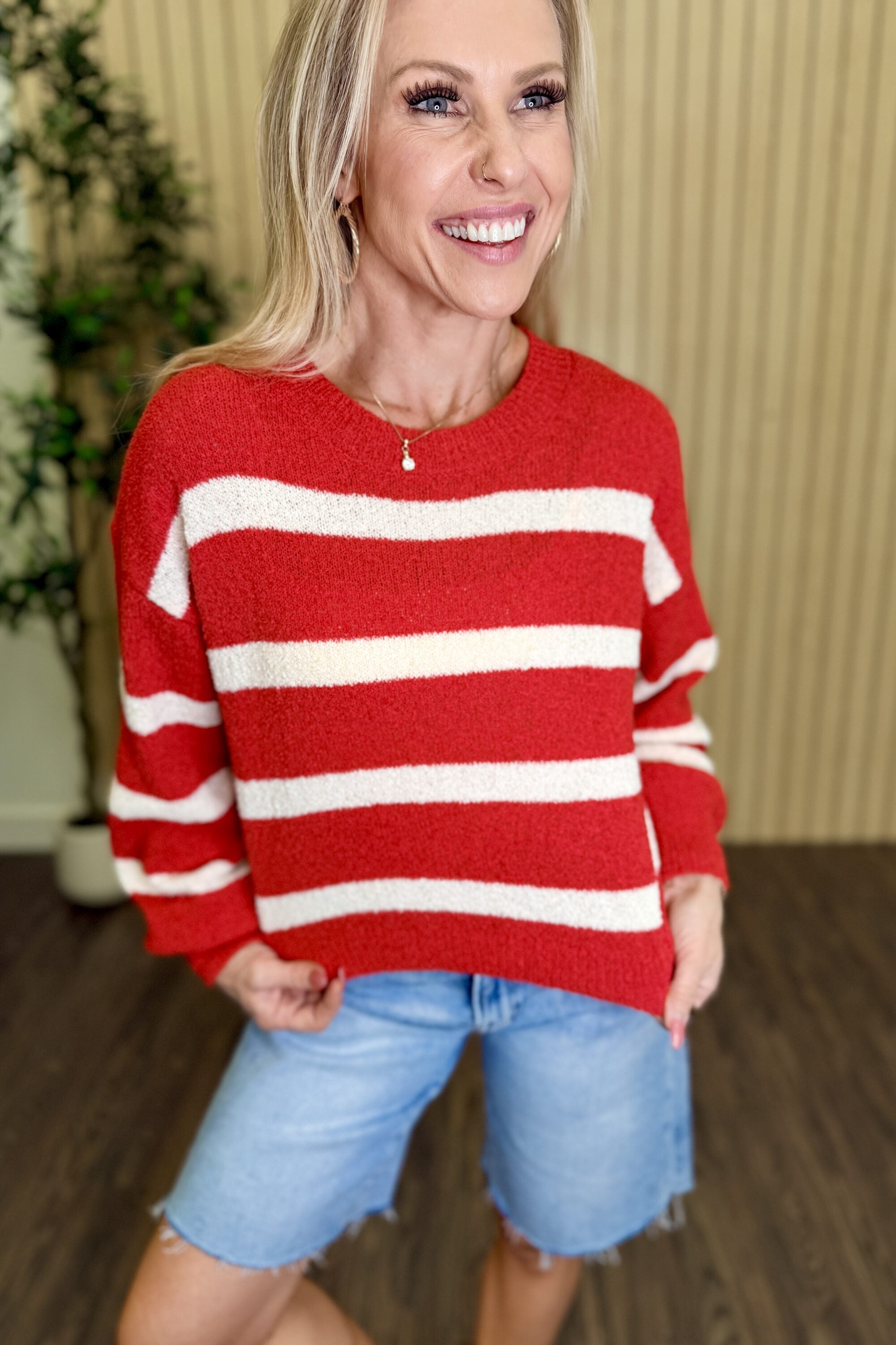 Willow Striped Drop Shoulder Sweater styled on model
