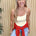 Melanie Clean Line Square Cami in Pale Banana with a red sweater tied at the waist