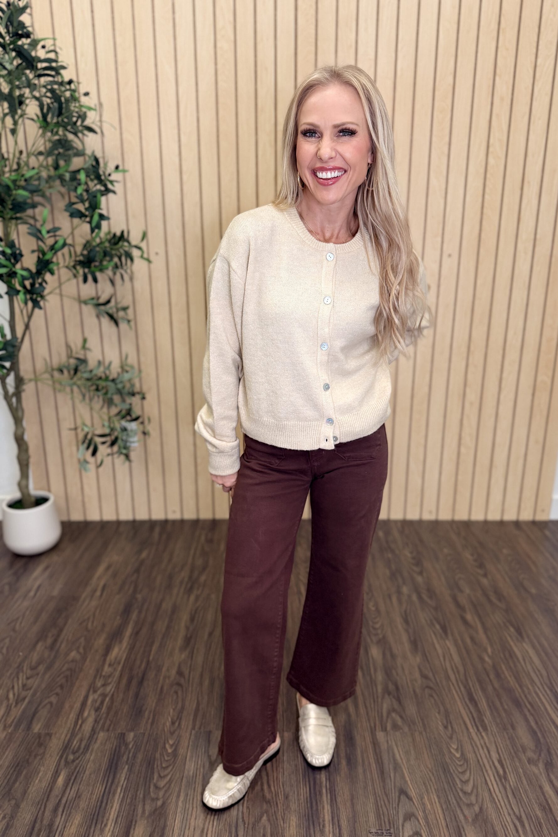 Calder Crew Neck Knit Cardigan styled on model