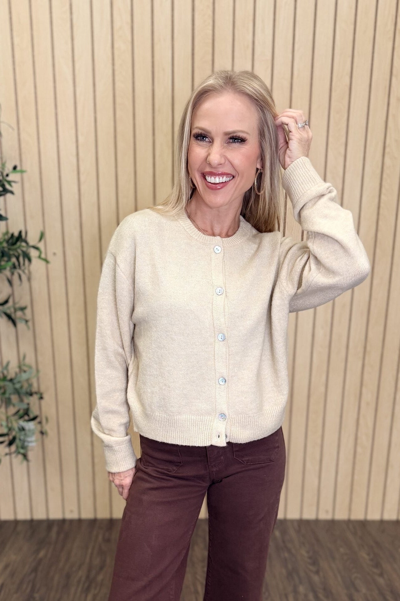 Calder Crew Neck Knit Cardigan styled on model